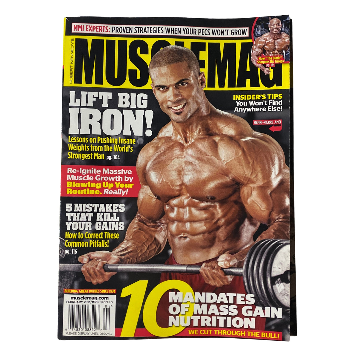 MuscleMag International Magazine February 2013 #369 featuring a muscular man lifting weights on the cover, showcasing fitness tips and insights.