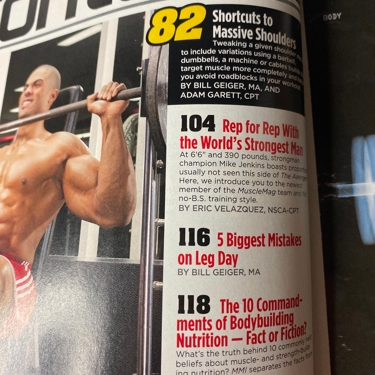 Inside MuscleMag International Magazine February 2013 #369, a page displaying articles on fitness, including shortcuts to massive shoulders and mistakes in leg day workouts.