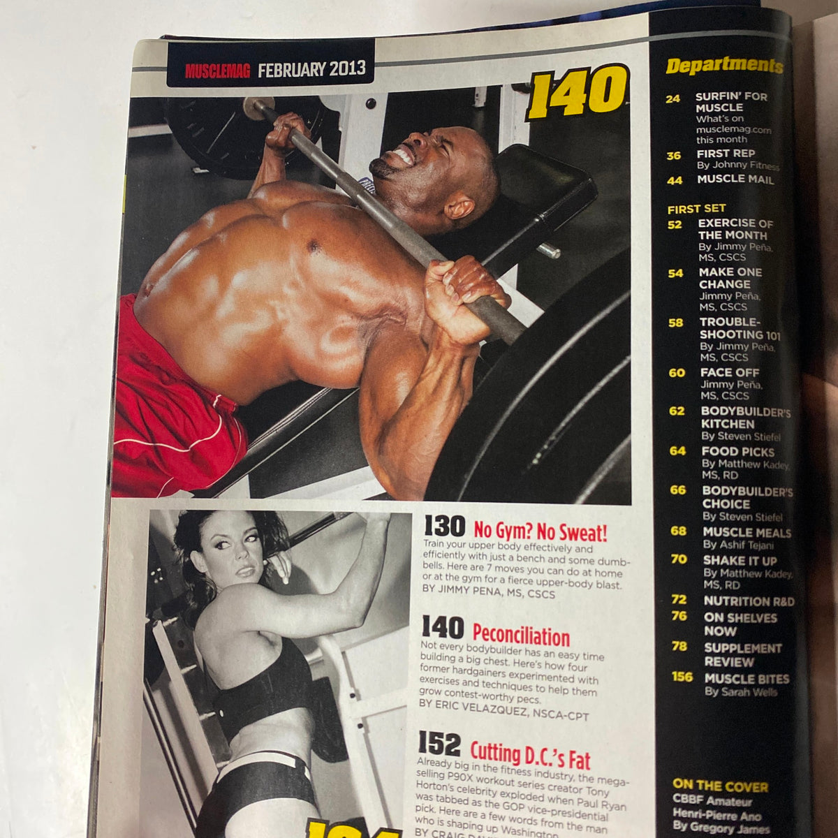 A page from MuscleMag International Magazine February 2013 #369 highlighting a weightlifting session and showcasing fitness tips for enthusiasts.