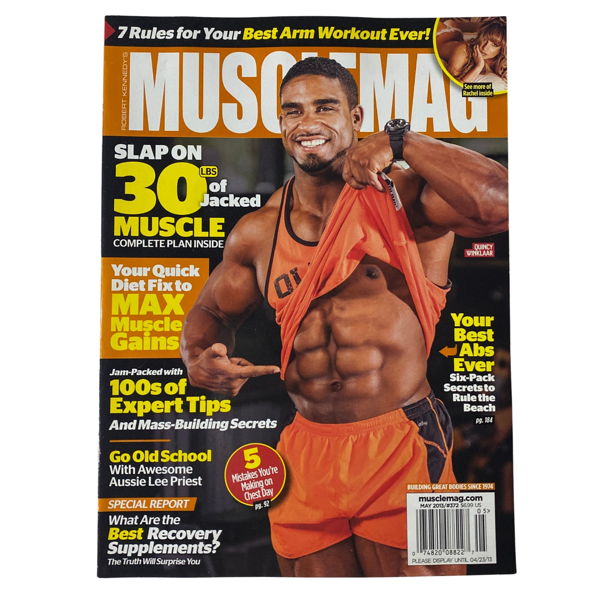 Cover of MuscleMag International Magazine May 2013 #372 featuring Quincy Winklaar showcasing muscle gains and fitness tips.