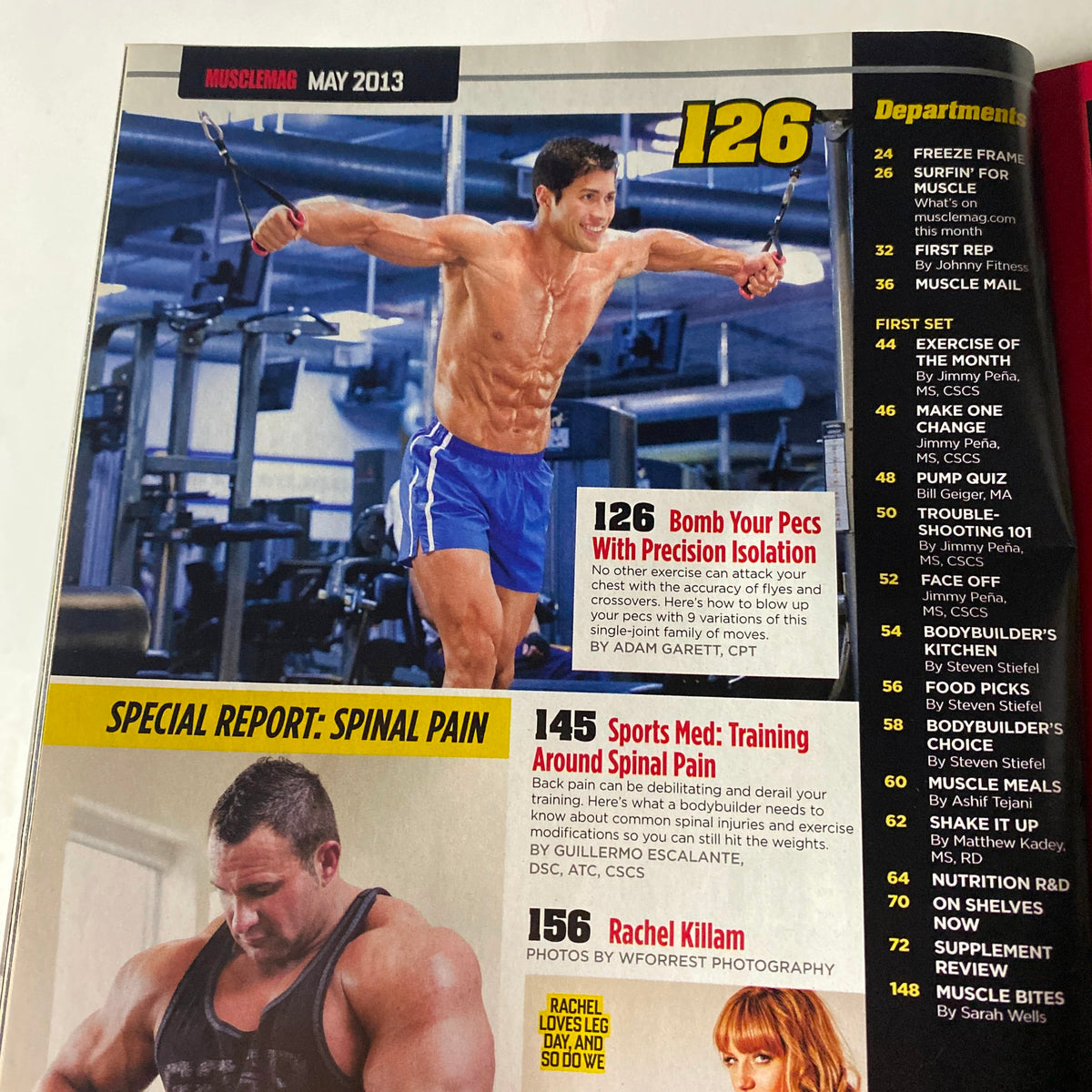 Page from MuscleMag International Magazine May 2013 #372 highlighting exercises focused on chest muscles with detailed training analysis.