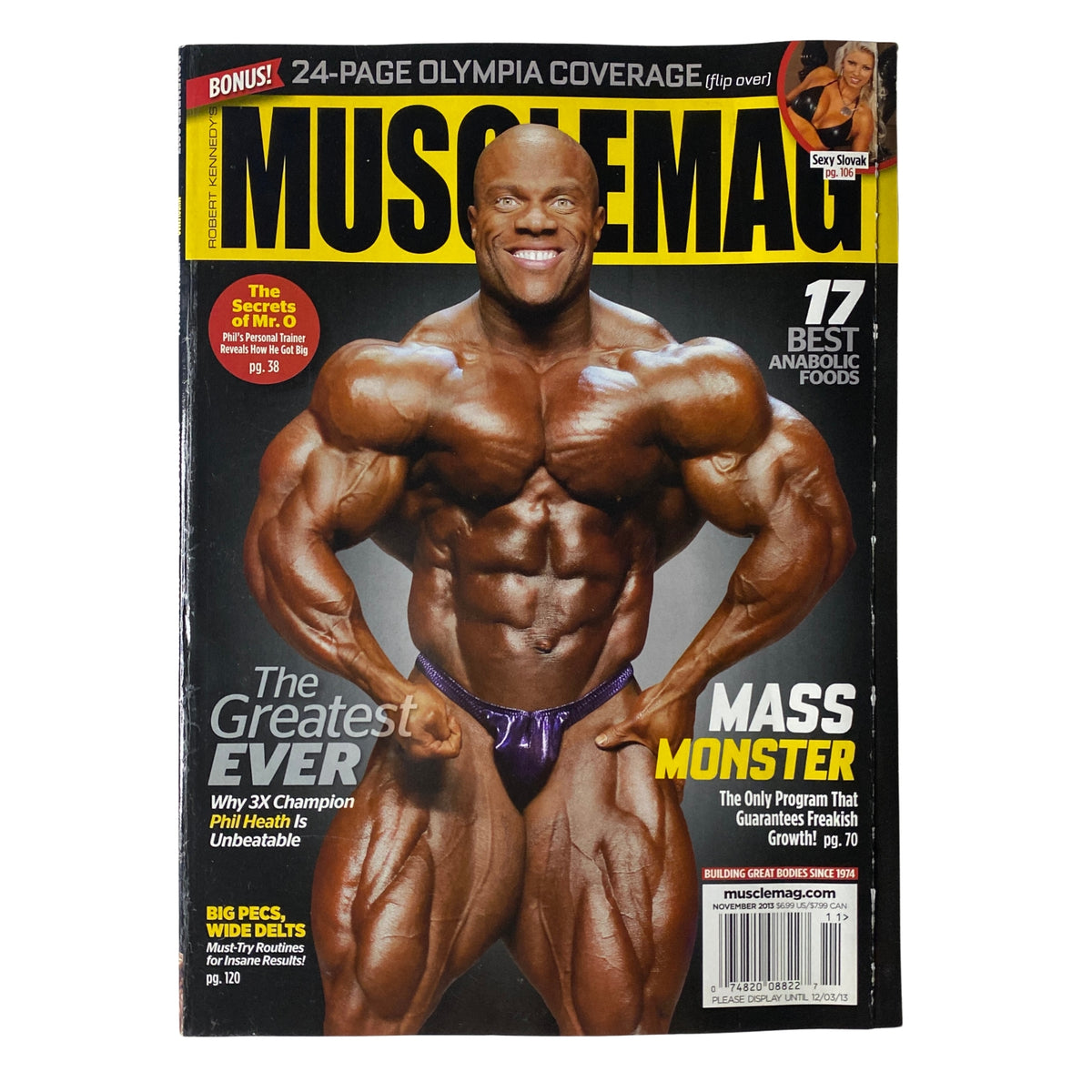 MuscleMag International Magazine November 2013 featuring Phil Heath on the cover, showcasing his impressive physique and bodybuilding achievements.