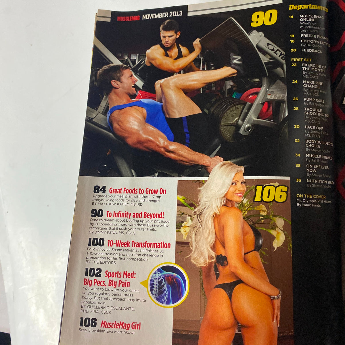 Fitness and nutrition features from MuscleMag International Magazine November 2013, including workout transformations and the MuscleMag girl.