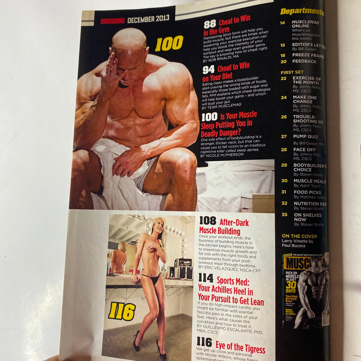Inside spread of MuscleMag International Magazine December 2013 showing various fitness articles, including workout tips and muscle building strategies. Title: MuscleMag International Magazine December 2013 Larry Vinette No Label VG.