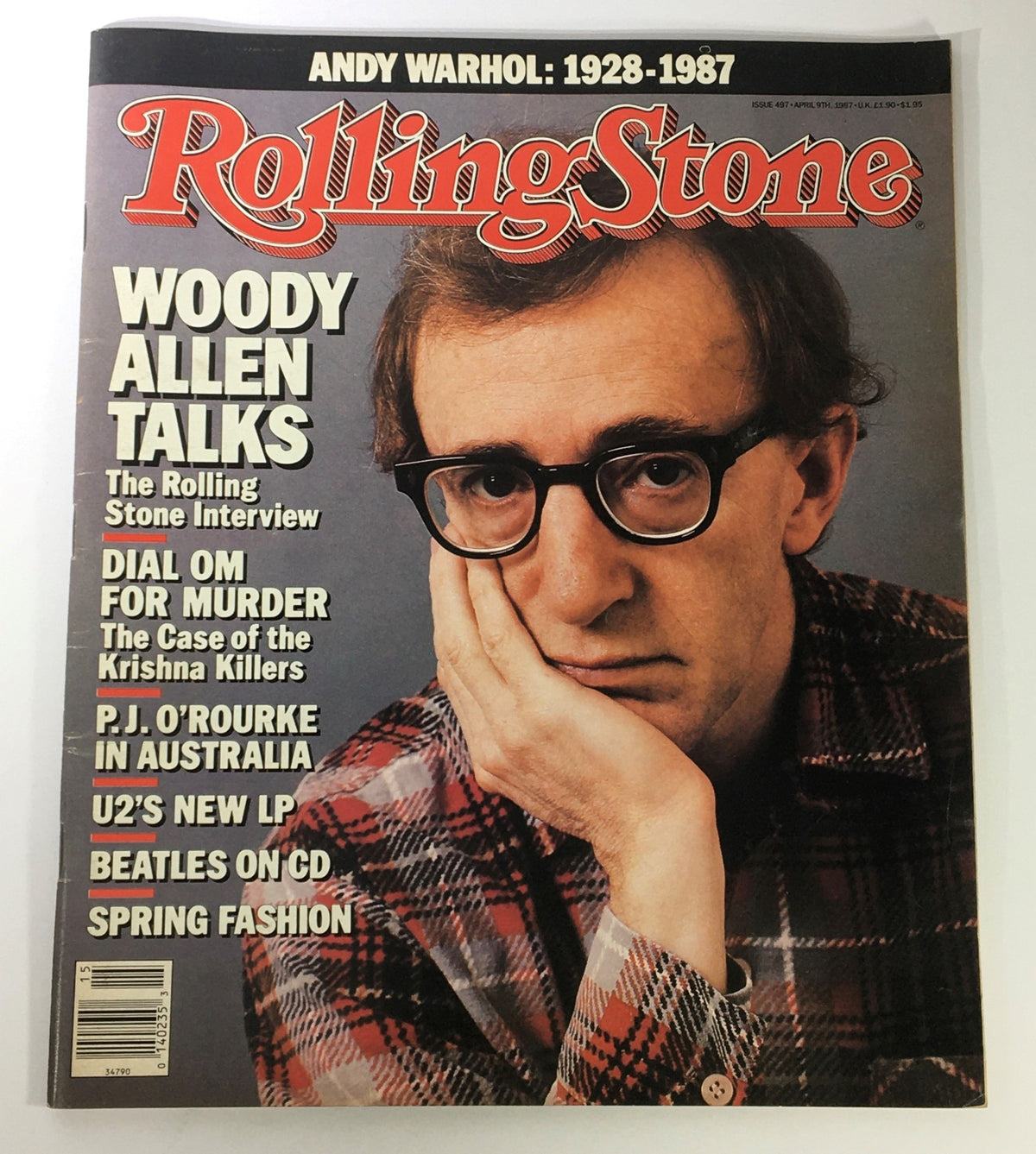 Cover of Rolling Stone Magazine, April 9, 1987, Issue #497 featuring Woody Allen discussing various topics including the Rolling Stone interview, PJ O'Rourke's article, and other cultural highlights of the late '80s.