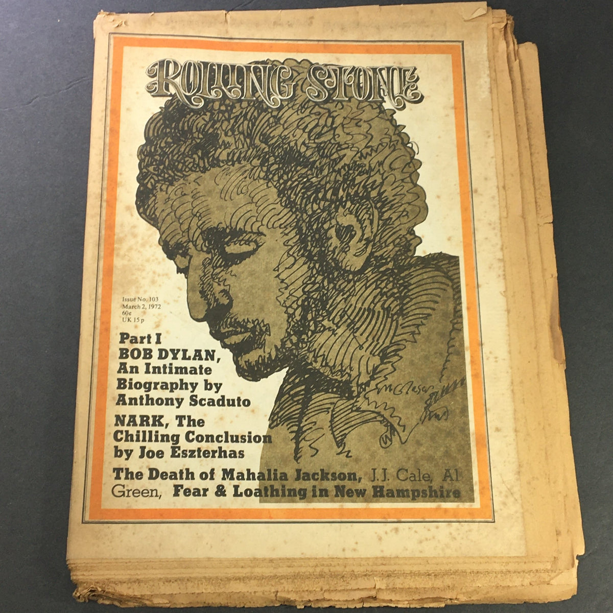 Vintage Rolling Stone Newspaper from March 2, 1972 featuring Bob Dylan on the cover by Anthony Scaduto, showcasing distinct artwork and highlights of the era.