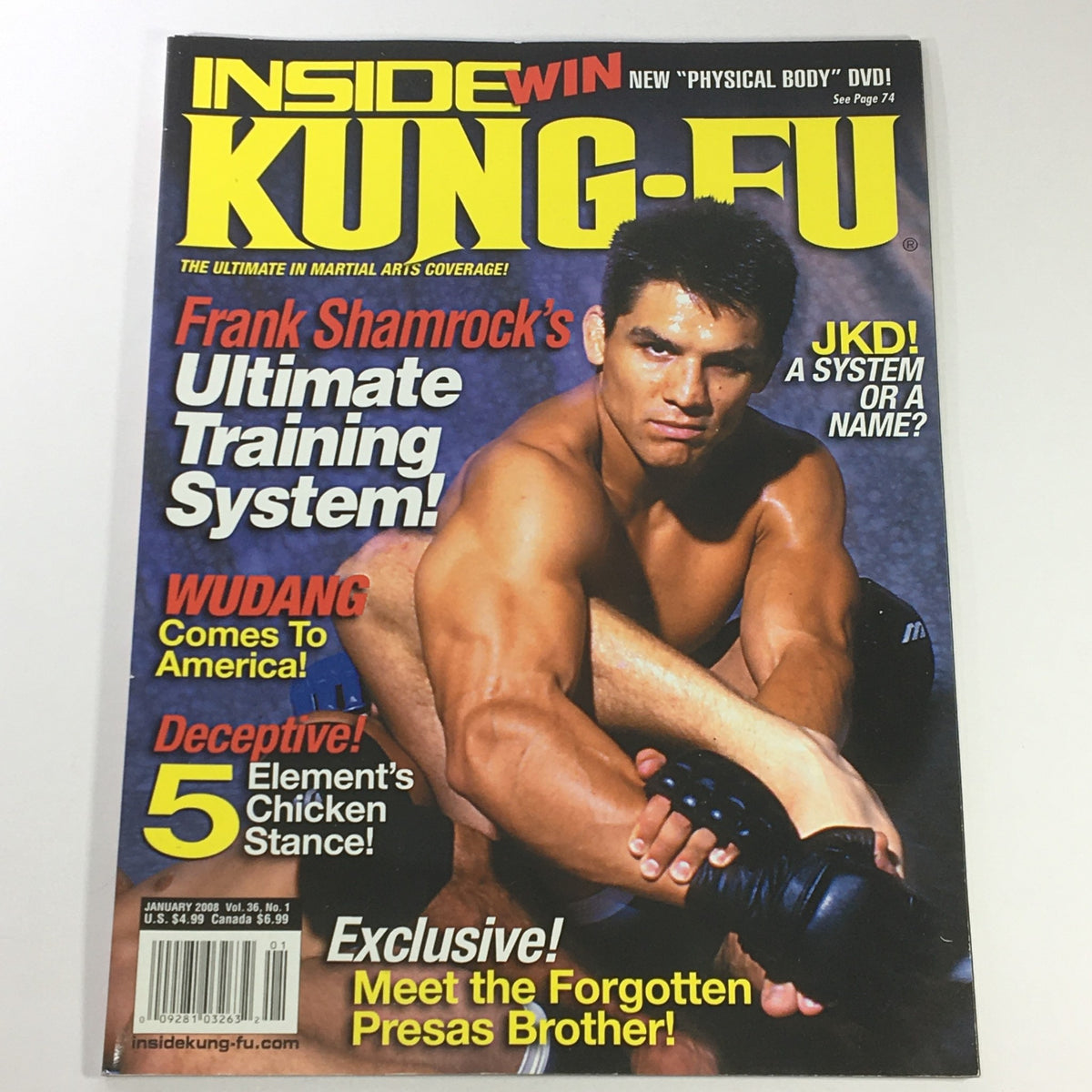 Cover of Inside Kung-Fu Magazine January 2008 Vol 36 #1 featuring Frank Shamrock's Ultimate Training System. The magazine showcases martial arts techniques and tips.