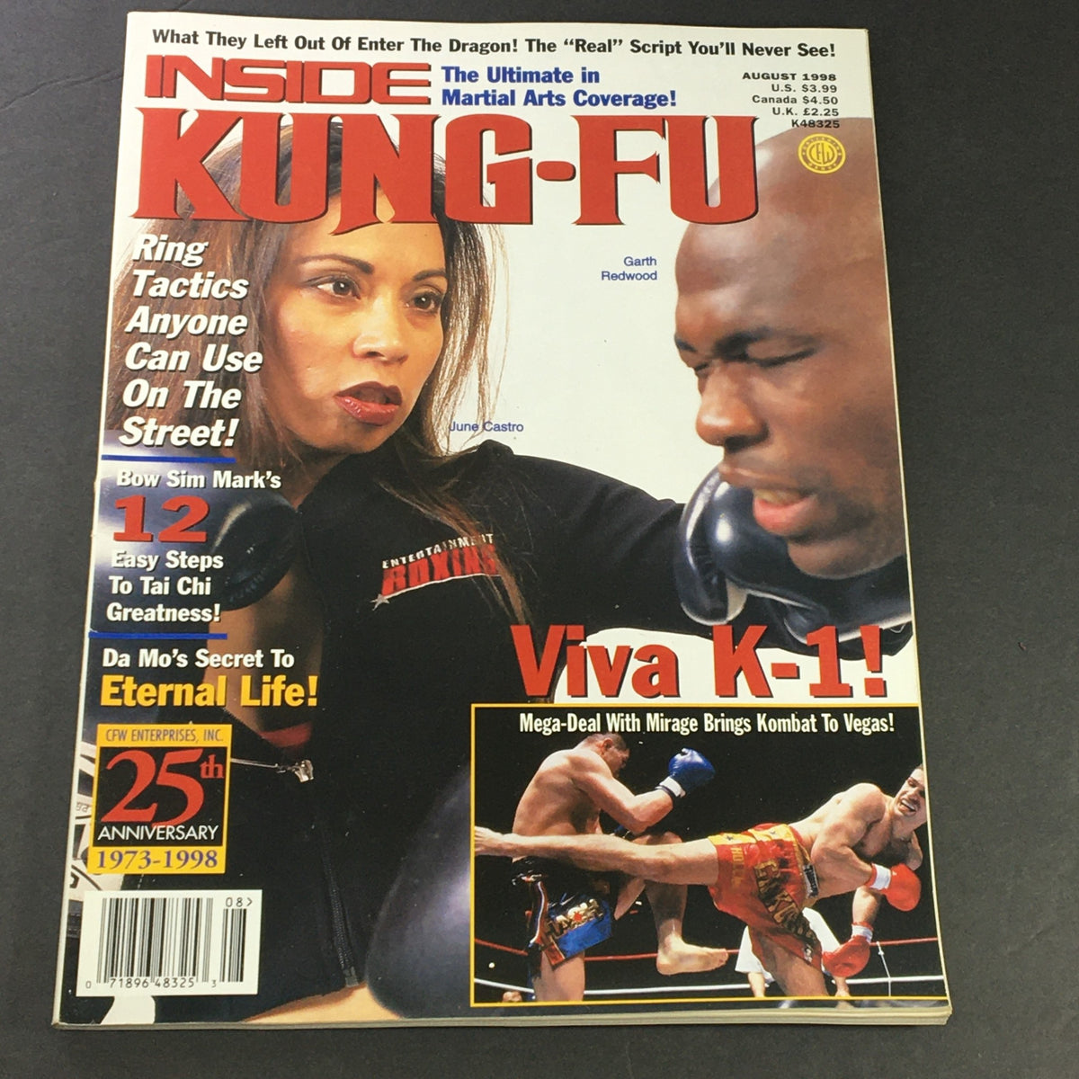 Cover of Inside Kung Fu Magazine August 1998 featuring June Castro and Garth Redwood, highlighting martial arts topics and techniques, including ring tactics and secrets of Da Mo.
