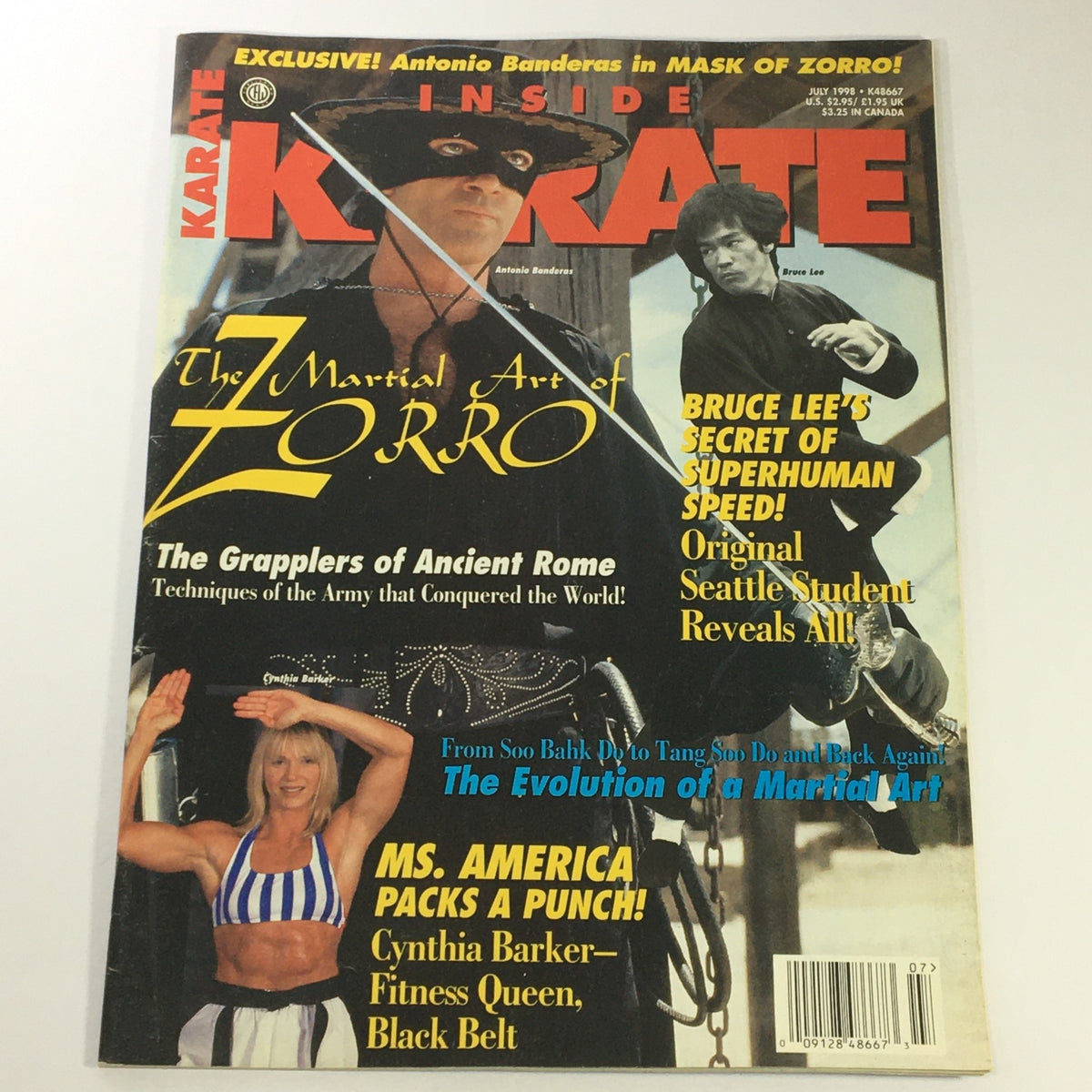 Cover of Inside Kung Fu Magazine July 1998 featuring Antonio Banderas as Zorro and Bruce Lee. Prominent headlines include 'Bruce Lee's Secret of Superhuman Speed!' and 'Ms. America Packs a Punch! Cynthia Barker - Fitness Queen, Black Belt.'