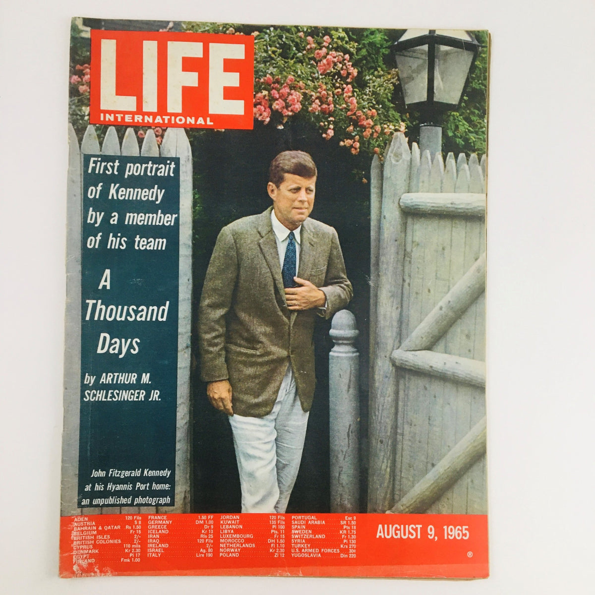 Life International Magazine August 9 1965 cover featuring John Fitzgerald Kennedy, showcasing an iconic photograph of him at his Hyannis Port home, highlighting the vintage design and cultural significance of the 1960s.