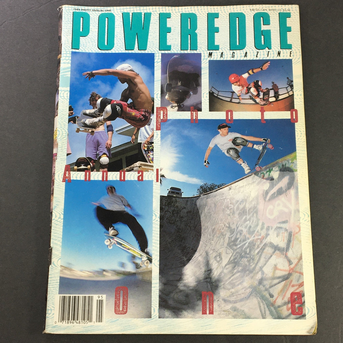 Cover of Poweredge Magazine 1989 - Photo Annual One featuring vibrant action shots of skateboarders in dynamic poses, reflecting the skate culture of the late 80s.