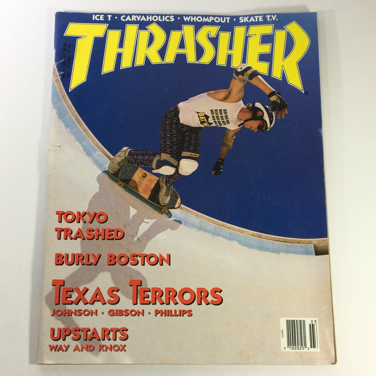 Cover of Thrasher Magazine March 1990 featuring a skateboarder performing a trick, with prominent text highlighting 'Tokyo Trashed', 'Burly Boston', and 'Texas Terrors' including the names Johnson, Gibson, and Phillips.