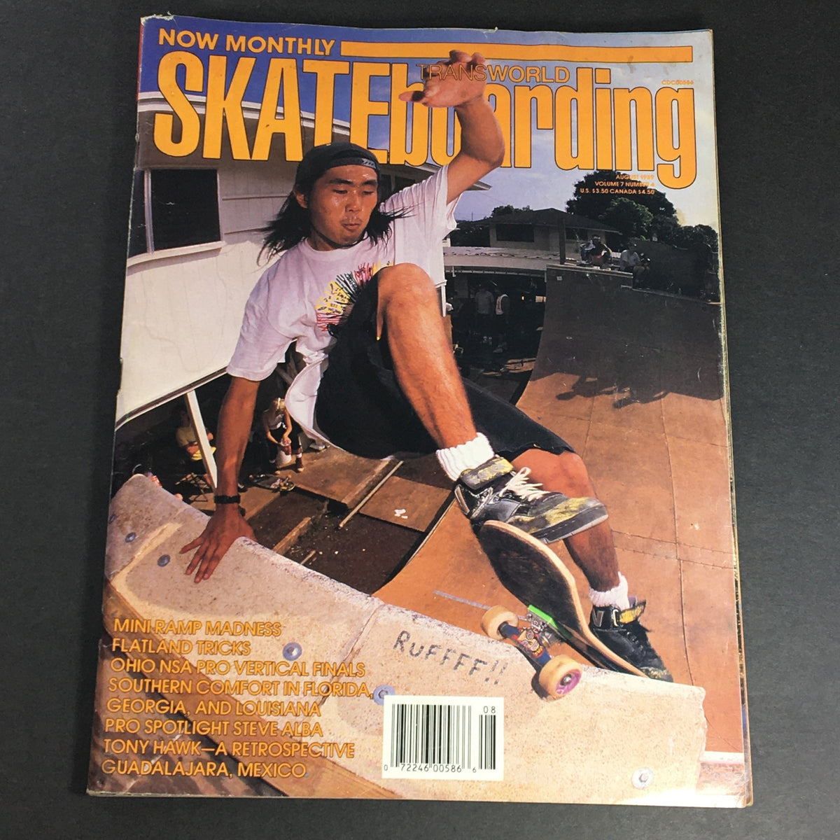 Cover of Transworld Skateboarding Magazine August 1989 featuring a skater performing tricks on a mini ramp. The issue highlights Tony Hawk in a retrospective and includes various skateboarding news and events from the late '80s.
