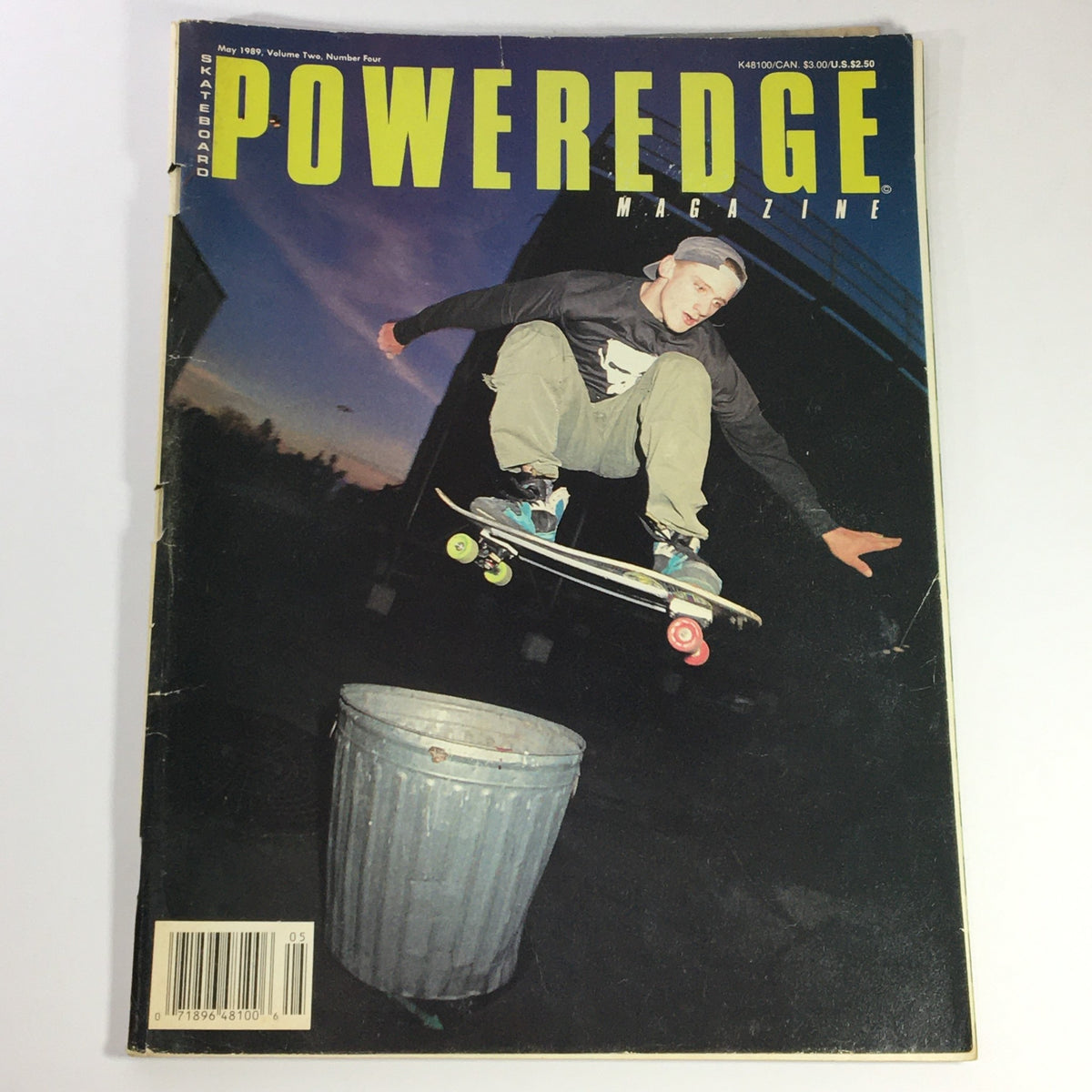 Poweredge Magazine cover from May 1989, Volume 2 Issue 4 featuring skateboarder Mike Vallely performing a trick above a trash can, showcasing vintage skateboarding culture.