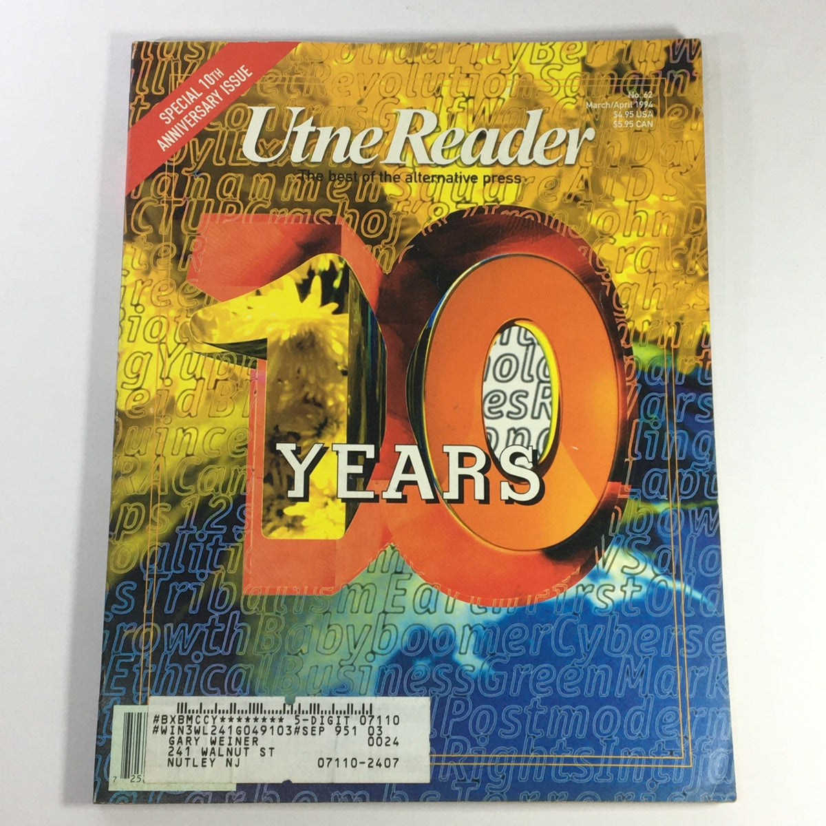 Cover of Utne Reader Magazine March April 1994, celebrating its 10th Year Anniversary Special with a vibrant design featuring the number 10 and bold colors.