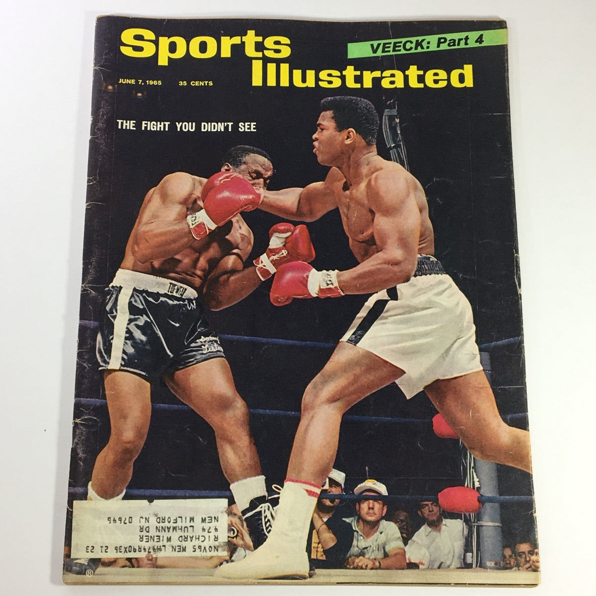 Cover of 'Sports Illustrated' magazine from June 7, 1965, featuring the iconic boxing match between Muhammad Ali and Sonny Liston with vibrant images and text highlighting ‘The Fight You Didn’t See’.
