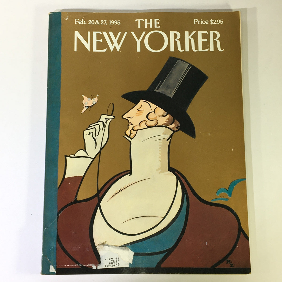 The New Yorker February 20 & 27 1995 Magazine Cover featuring artistic illustration by Rea Irvin, showcasing a man in a top hat, with a butterfly on his finger, in vibrant colors.