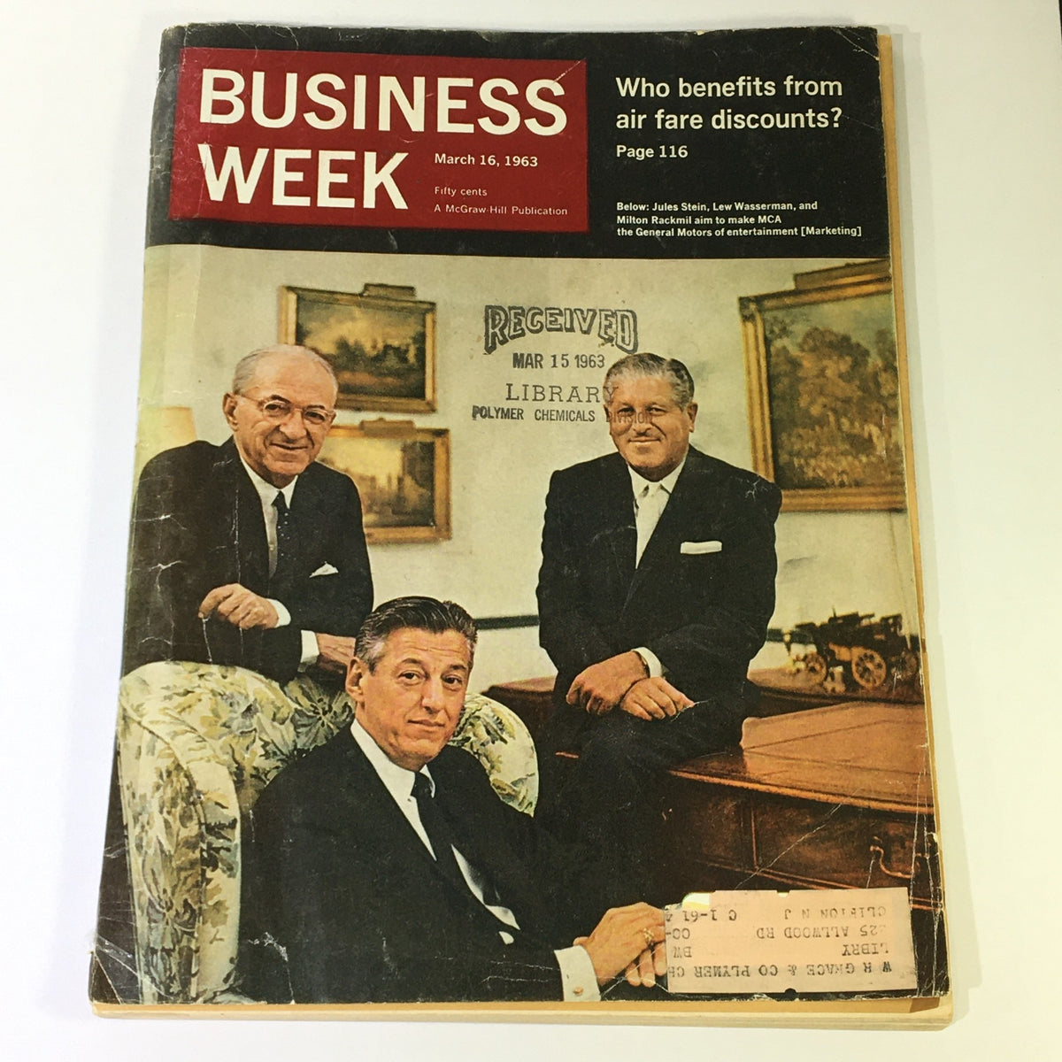Vintage Business Week Magazine cover from March 16, 1963 featuring Jules Stein, Lew Wesserman, and Milton Rackmill, showcasing a snapshot of the business landscape in the 1960s with in-depth articles and historical insights.