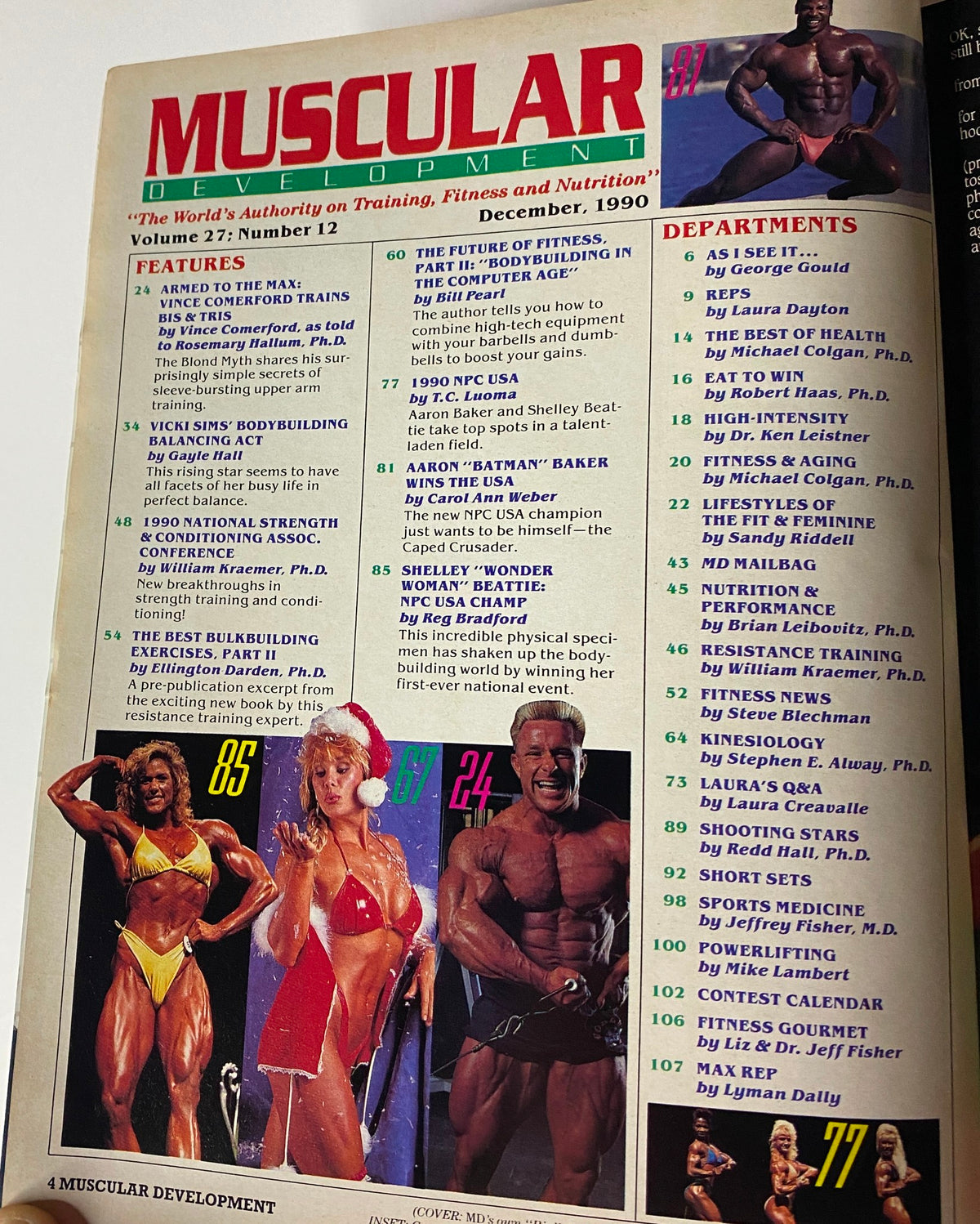 Inside page of Muscular Development Magazine, December 1990 edition, listing featured articles, bodybuilding profiles, and health tips for fitness enthusiasts.