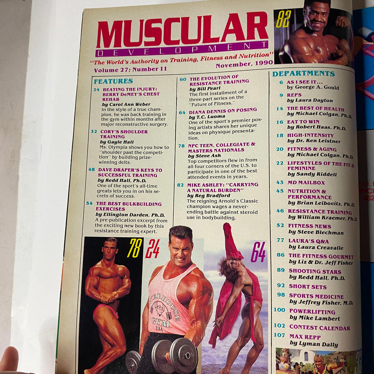 Table of contents from Muscular Development Magazine November 1990 showcasing features and articles including training tips and bodybuilding insights.