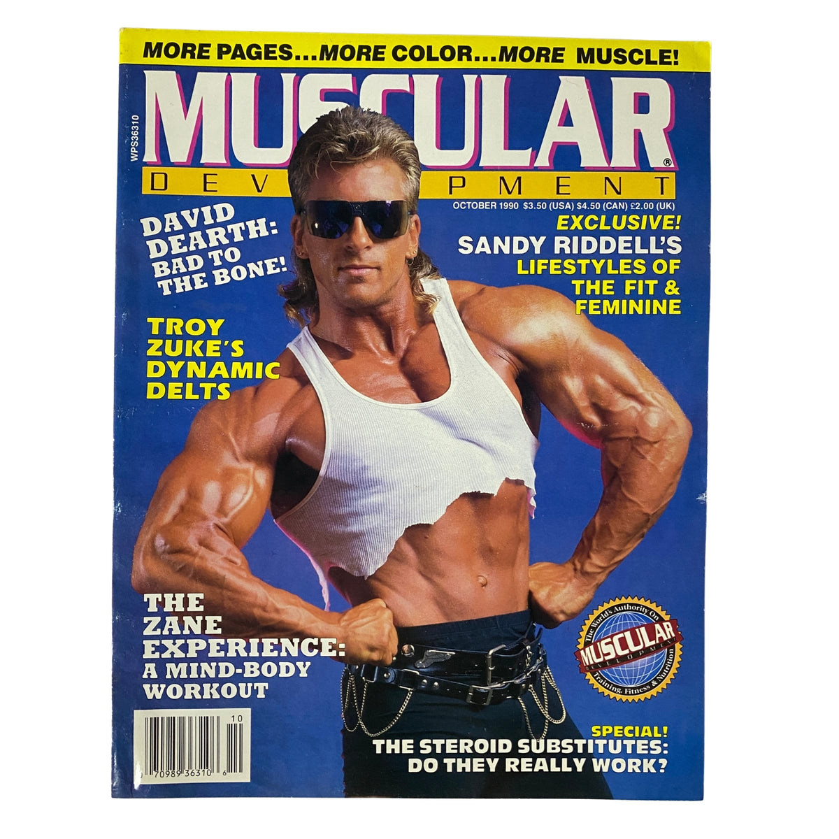 Cover of Muscular Development Magazine October 1990 featuring David Dearth, showcasing his physique and articles on bodybuilding, fitness, and training.