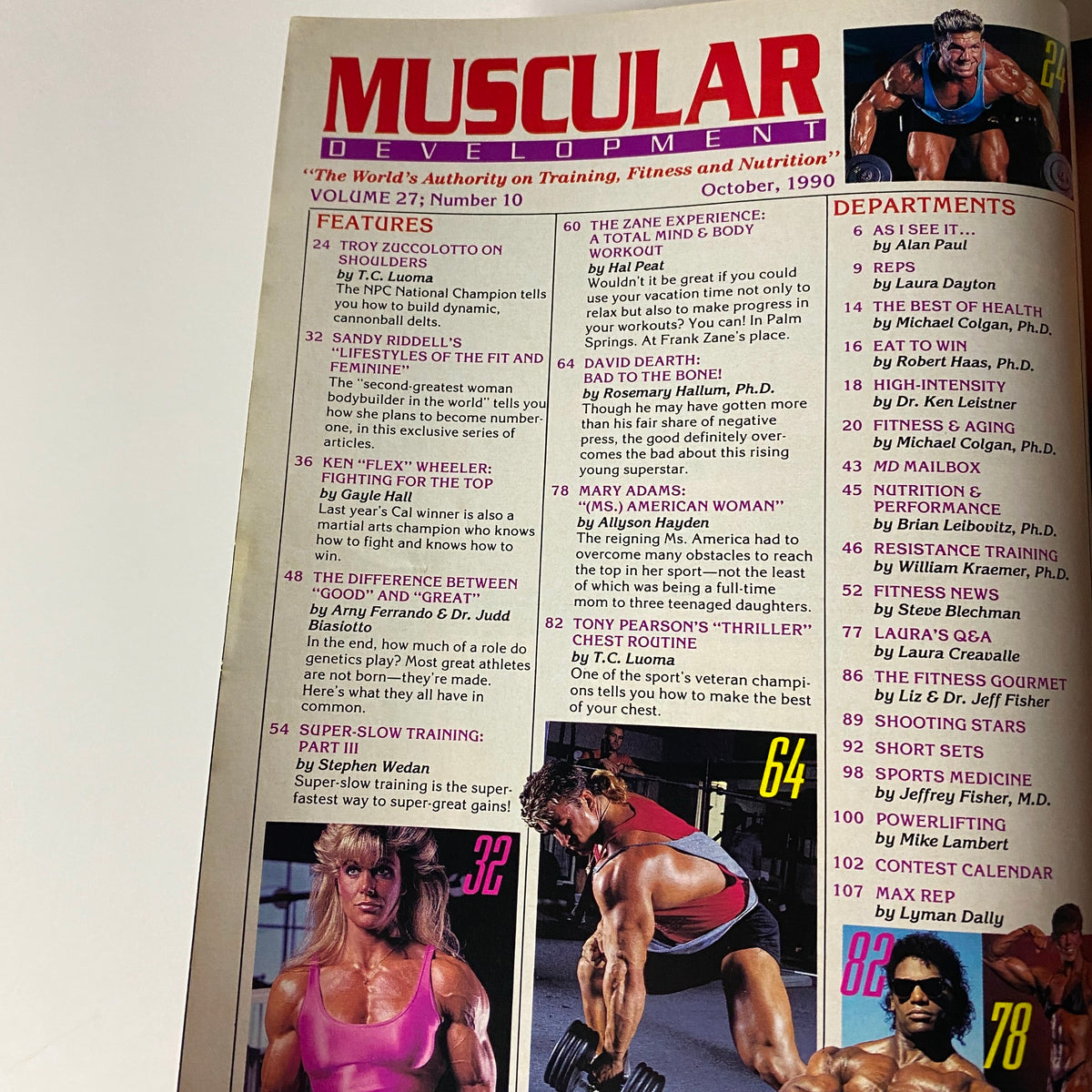 Inside page of Muscular Development Magazine October 1990 displaying highlights and articles including Troy Zuccolotto, Sandy Riddell, and Ken Wheeler.