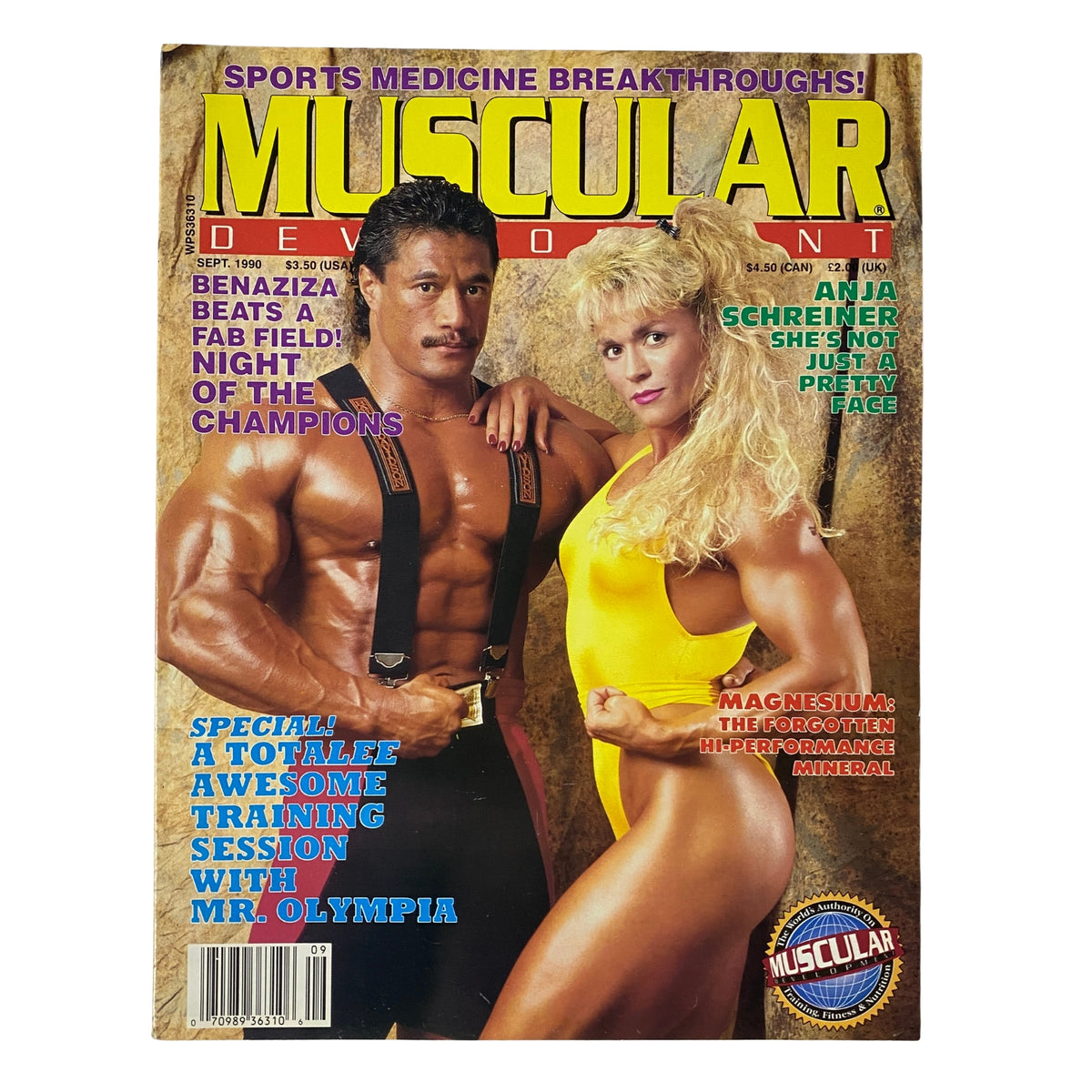 Cover of Muscular Development Magazine September 1990 featuring Sonny Schmidt and Tonya Knight, showcasing muscular physiques in vibrant colors.