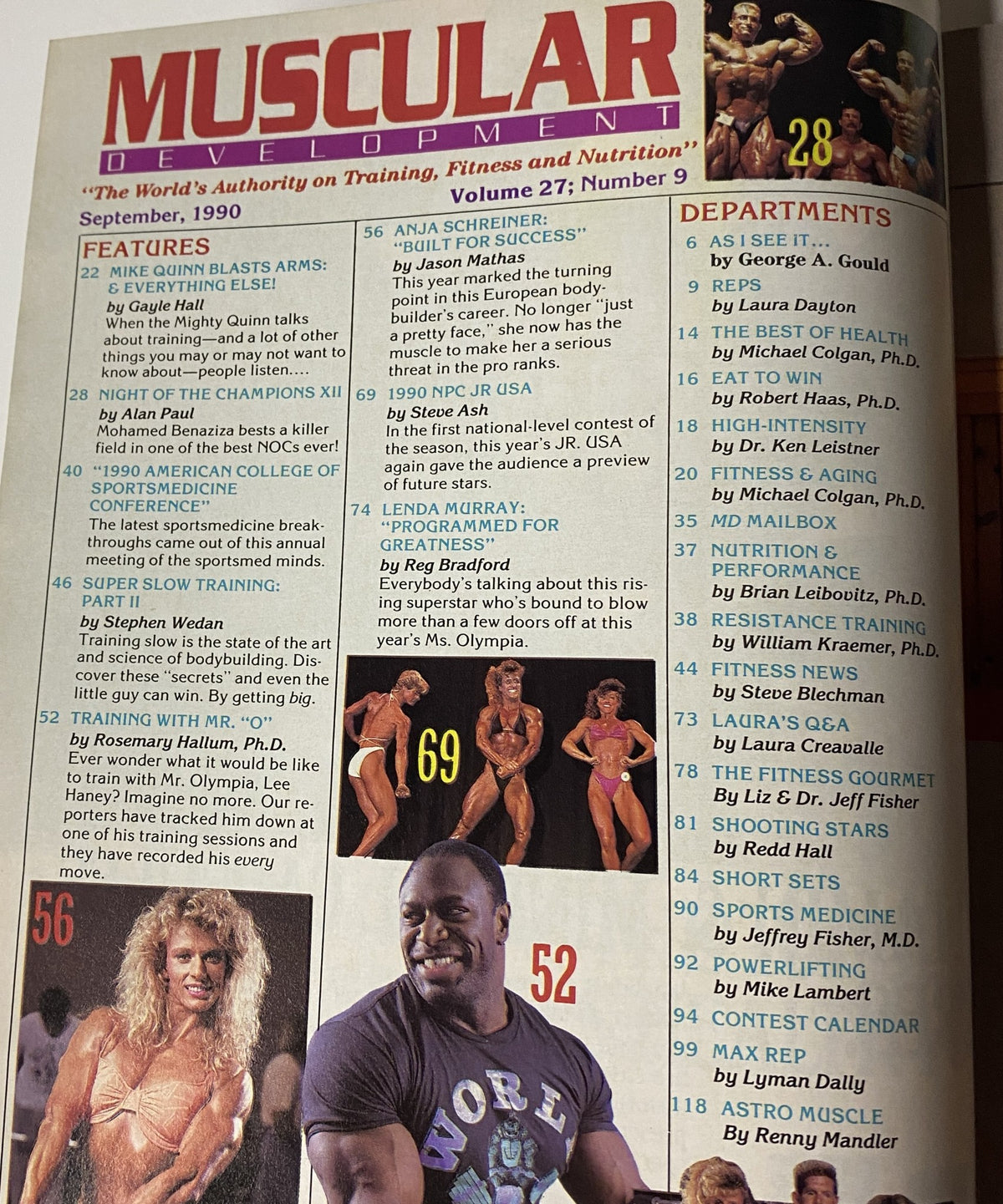 Inside page of Muscular Development Magazine September 1990 highlighting features and articles, including Mike Quinn's explosive arm routine.