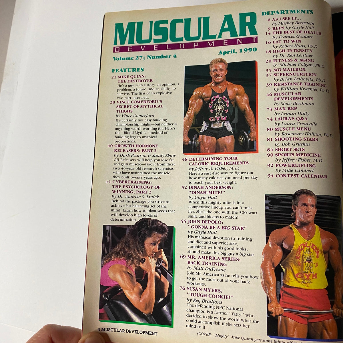 Muscular Development Magazine April 1990 featuring articles by Mike Quinn, Vince Comerford, and others, showcasing bodybuilders and training tips.