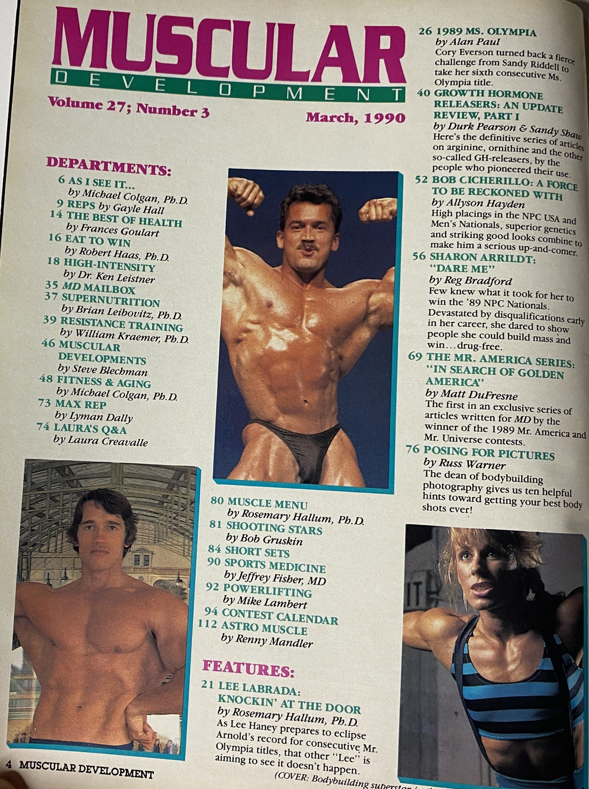 Interior page from Muscular Development Magazine March 1990 displaying features including Lee Labrada and articles on bodybuilding, in preparation for upcoming competitions.