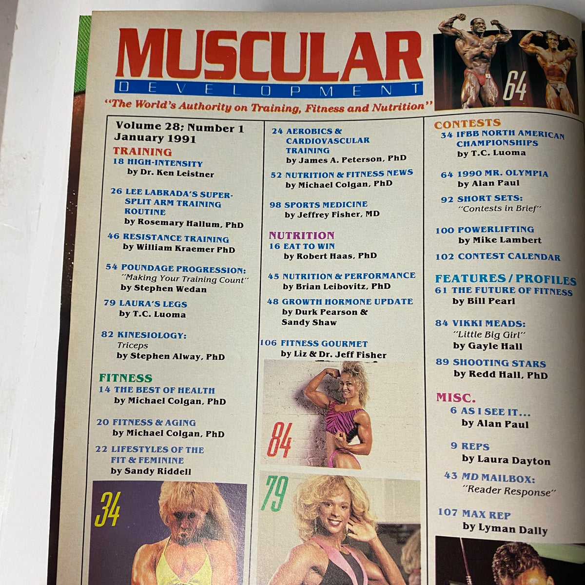 Contents page of Muscular Development Magazine January 1991 highlighting features on training, nutrition, and fitness by various experts.