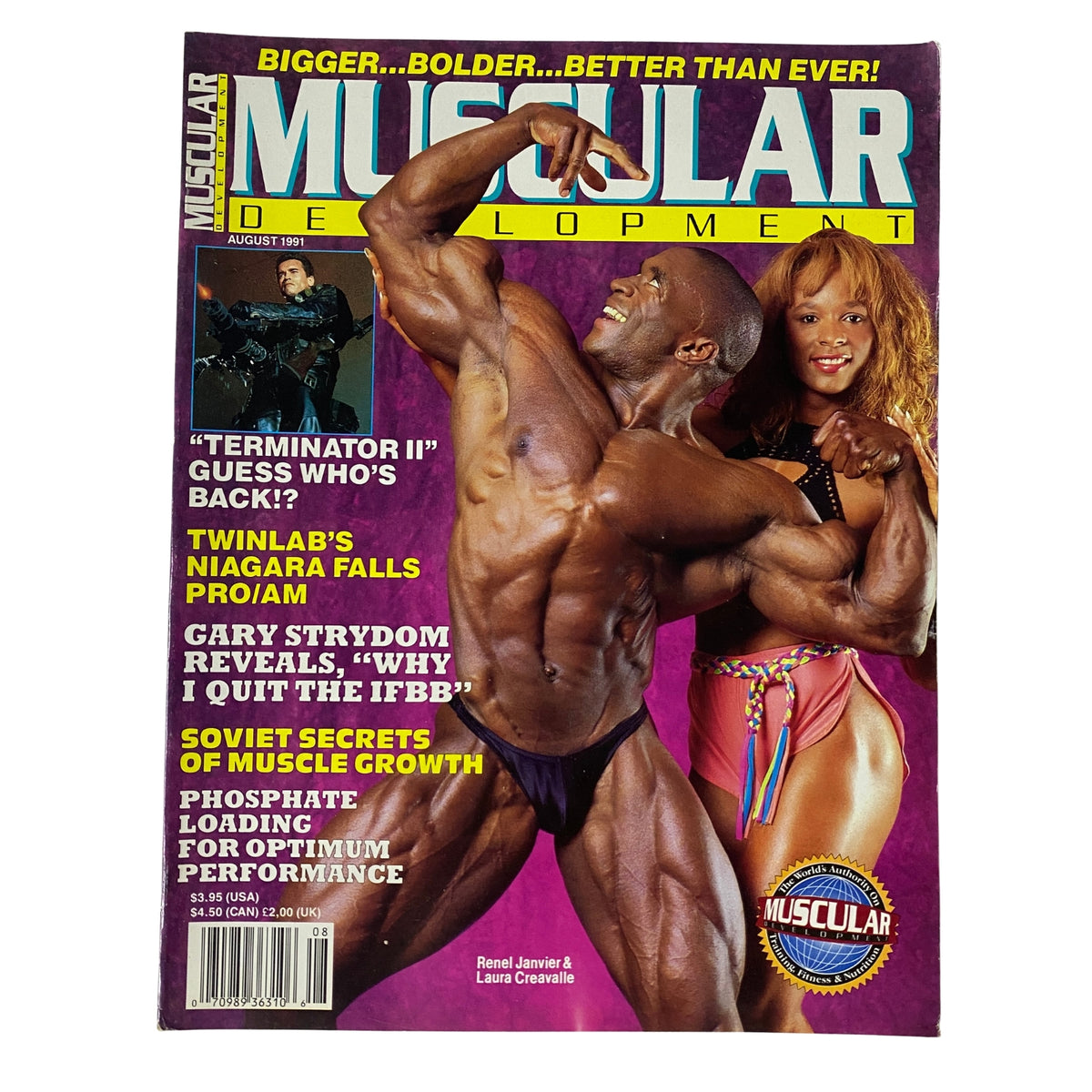 Cover of Muscular Development Magazine August 1991 featuring Renel Janvier and Laura Creavalle. Highlighting bodybuilding with vibrant images and headlines.