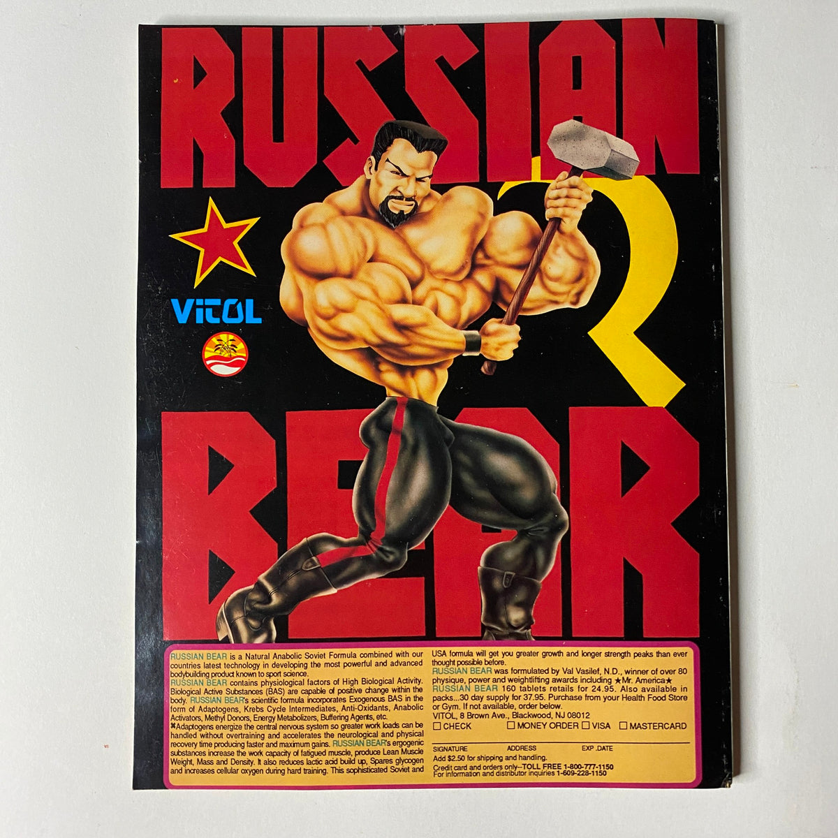 Back cover of Muscular Development Magazine August 1991 featuring a cartoon-style image promoting Russian Bear supplements, emphasizing bodybuilding strength.