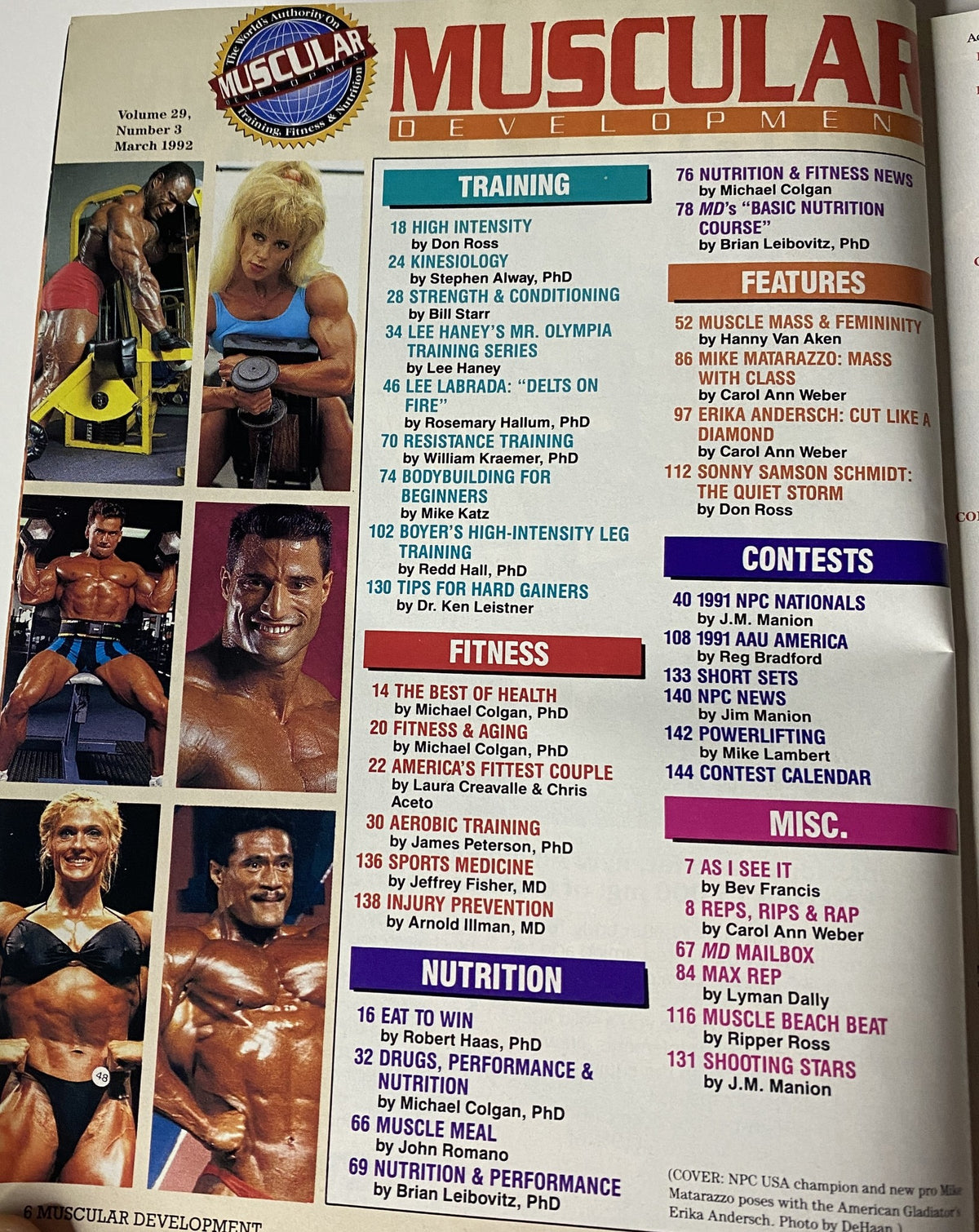 Table of contents from Muscular Development Magazine, March 1992, showcasing articles on training, fitness, nutrition, and contests. Features notable content like Lee Haney’s training series.