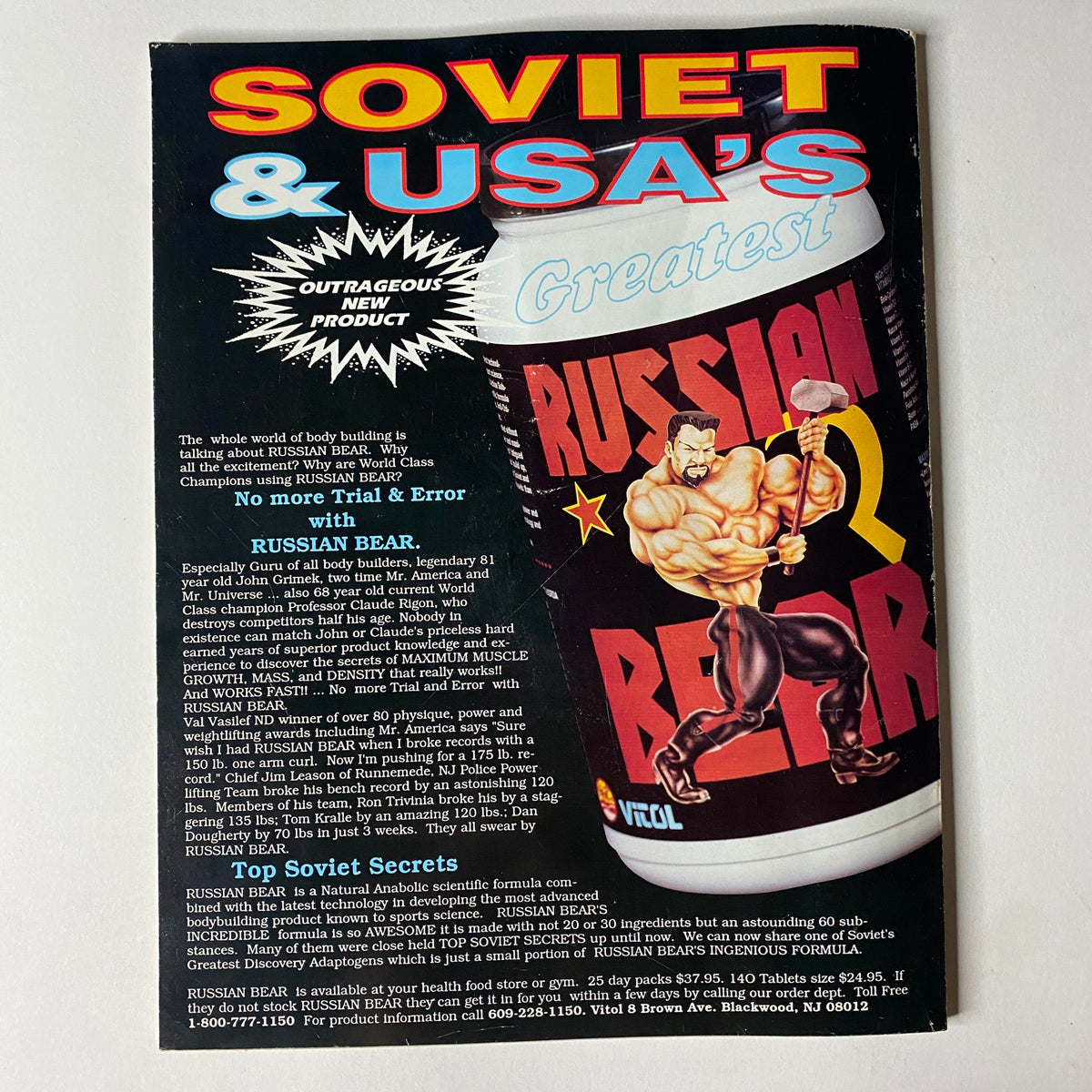 Advertisement from Muscular Development Magazine, promoting Soviet and USA's bodybuilding products. Includes engaging graphics and text highlighting fitness and nutrition.