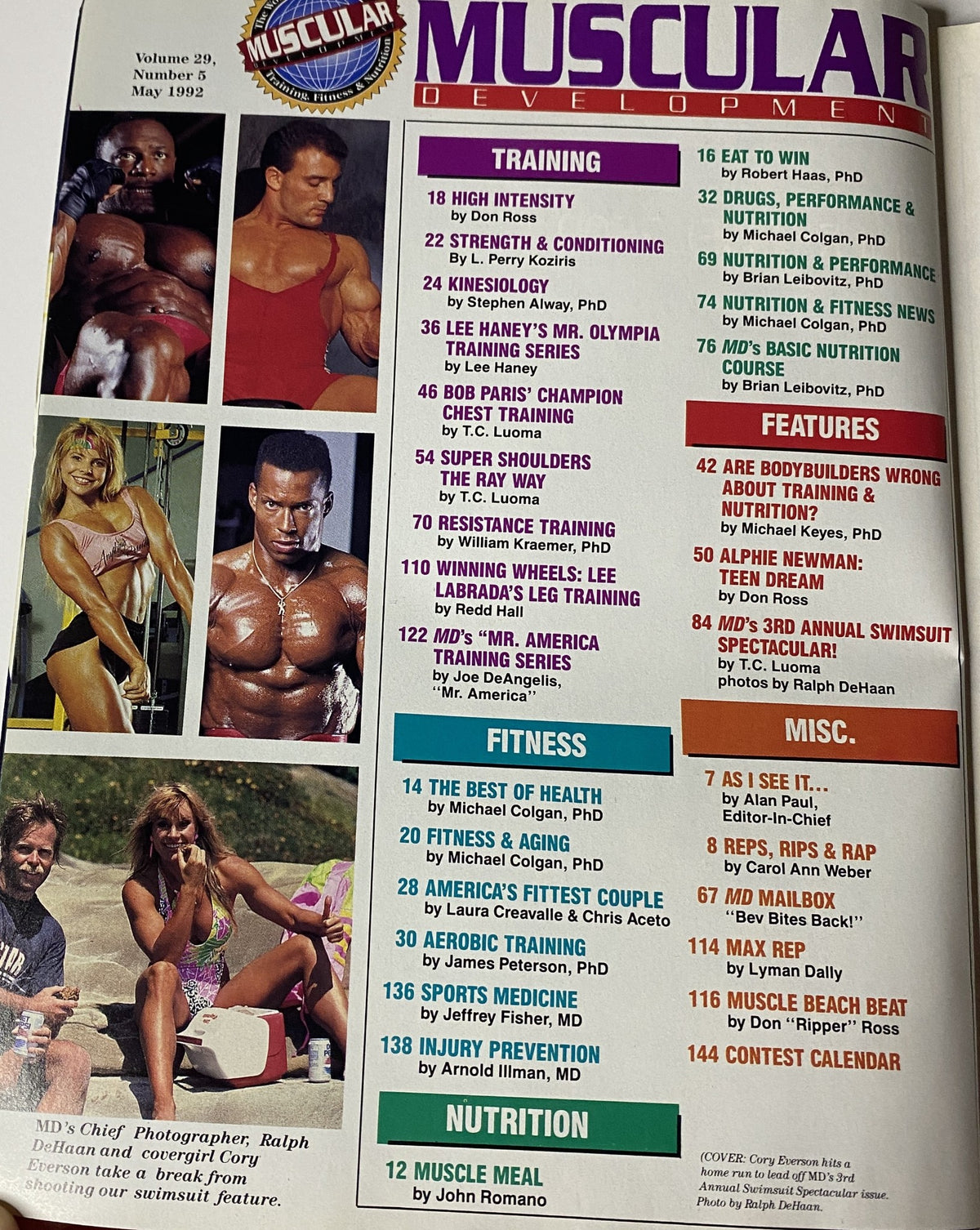 Cover page of Muscular Development Magazine May 1992 featuring Cory Everson, with a list of articles including High Intensity training, Nutrition tips, and fitness features.