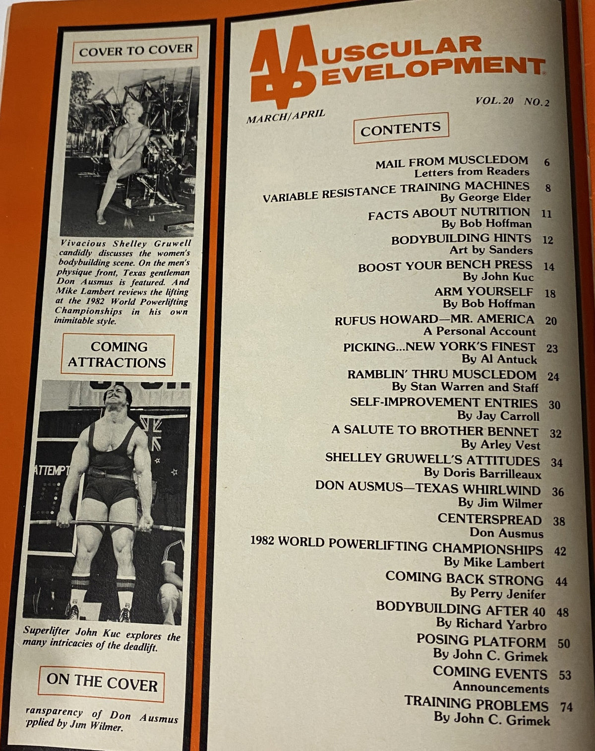 Table of contents from Muscular Development Magazine, April 1983, detailing featured articles such as 'MAIL FROM MUSCLEDOM' and 'BODYBUILDING AFTER 40'.