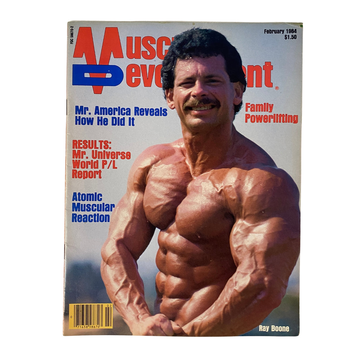 Muscular Development Magazine February 1984 Vol 21 No. 1 featuring Ray Boone on the cover, showcasing his impressive physique and posing style, priced at $1.50.