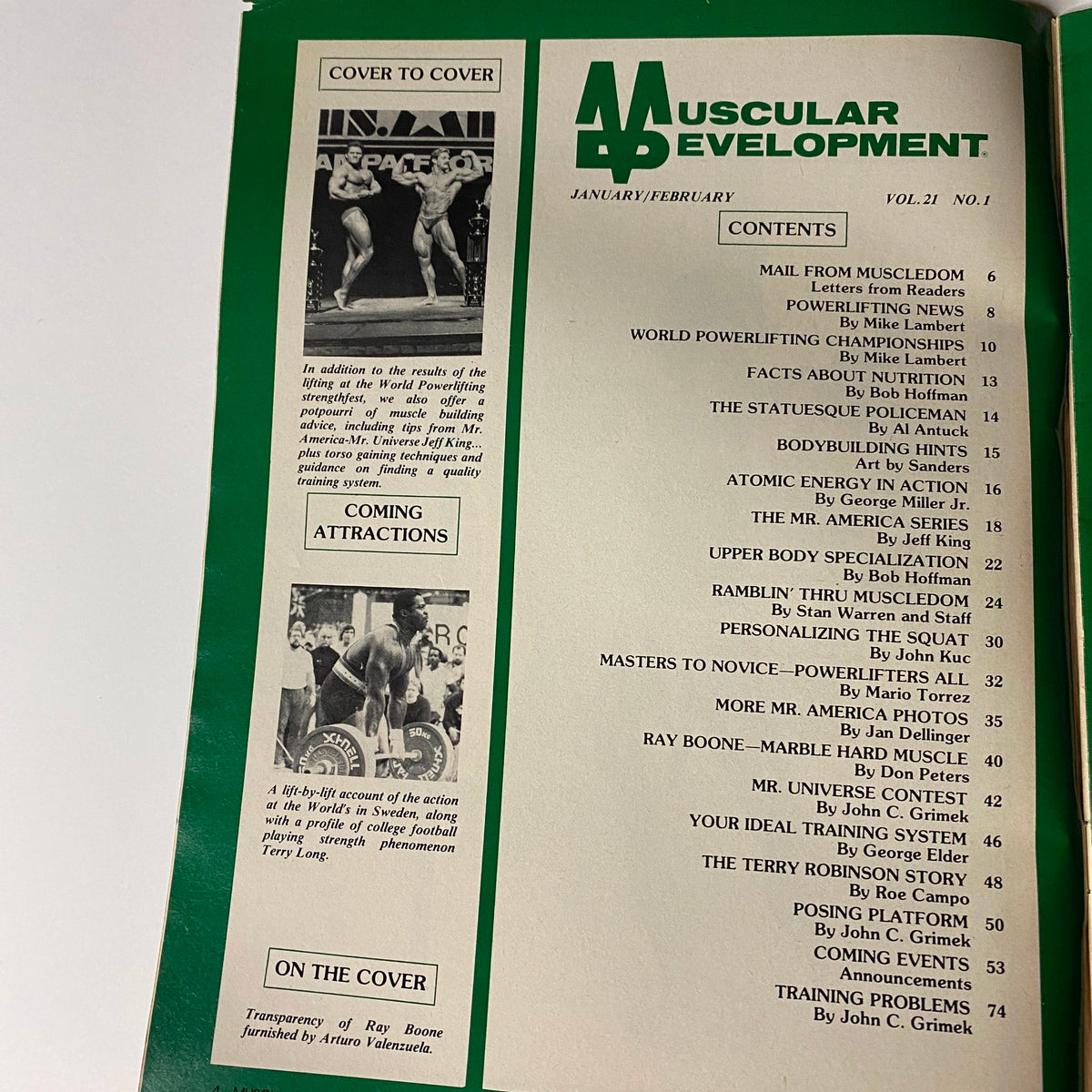 Table of contents from Muscular Development Magazine February 1984 Vol 21 No. 1, listing articles and highlights including contributions from bodybuilding legends.