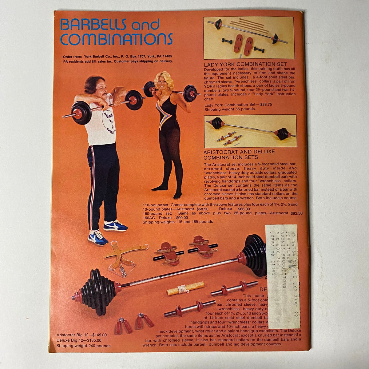 Advertisement in Muscular Development Magazine February 1984 Vol 21 No. 1 promoting barbells and weightlifting sets available for purchase, featuring a photo of a woman demonstrating equipment.