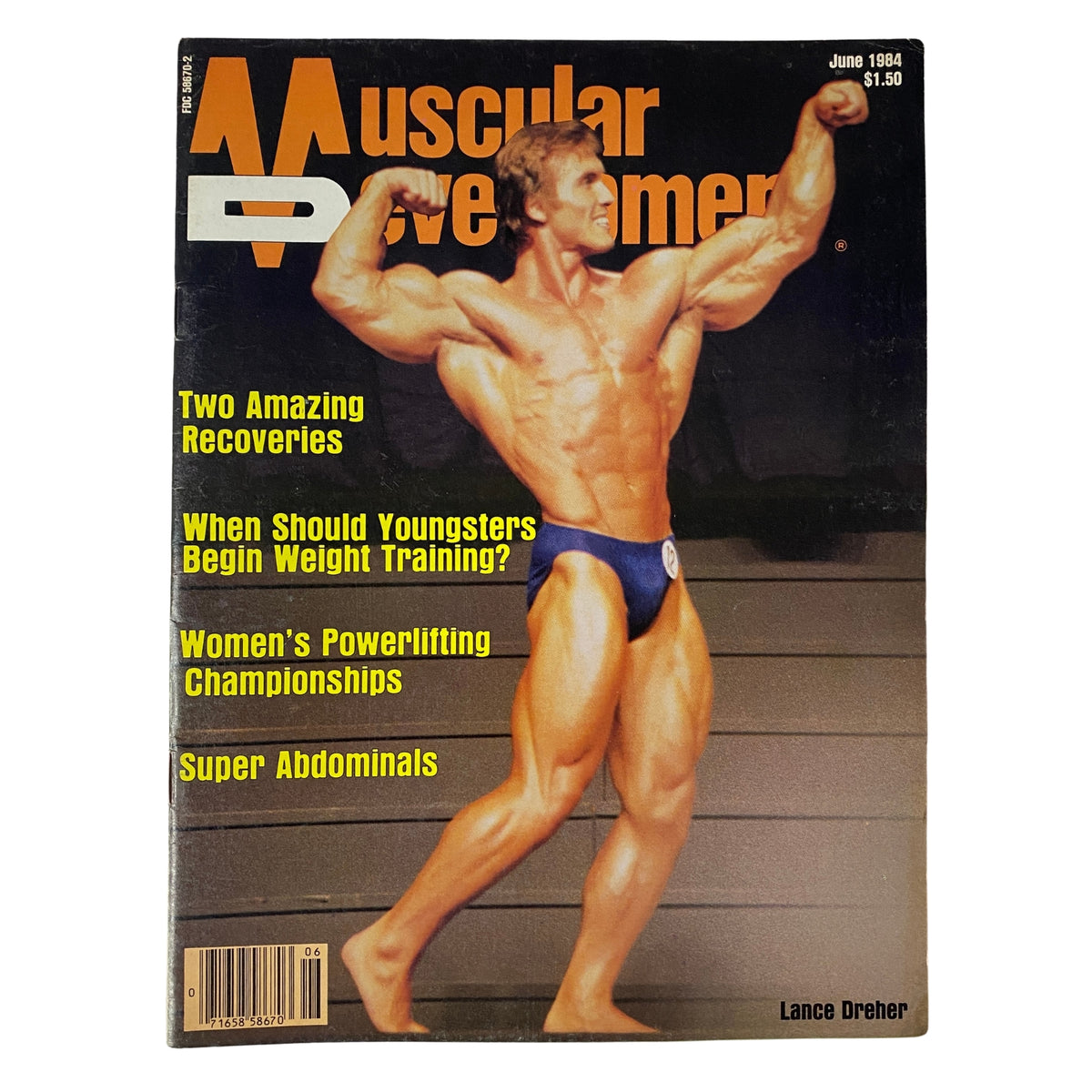 Cover of Muscular Development Magazine, June 1984, featuring Lance Dreher in a blue posing suit. The cover highlights articles on recovery, youth training, women's powerlifting, and abdominal workouts, priced at $1.50.