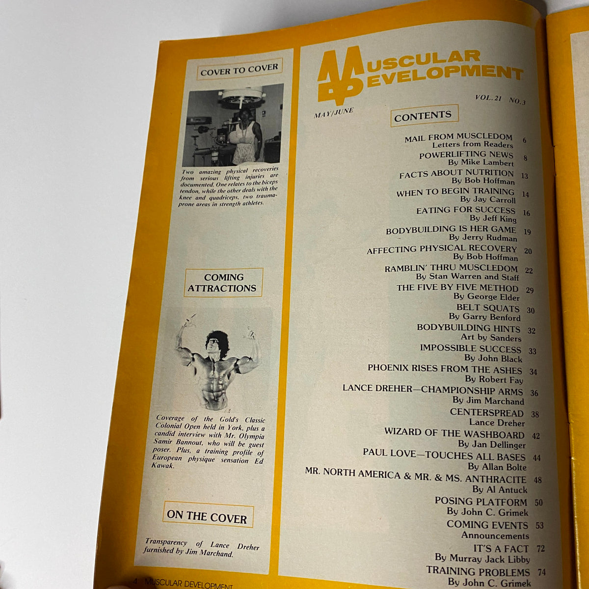 Muscular Development Magazine June 1984 issue featuring contents overview including articles on bodybuilding, powerlifting, and nutrition tips.