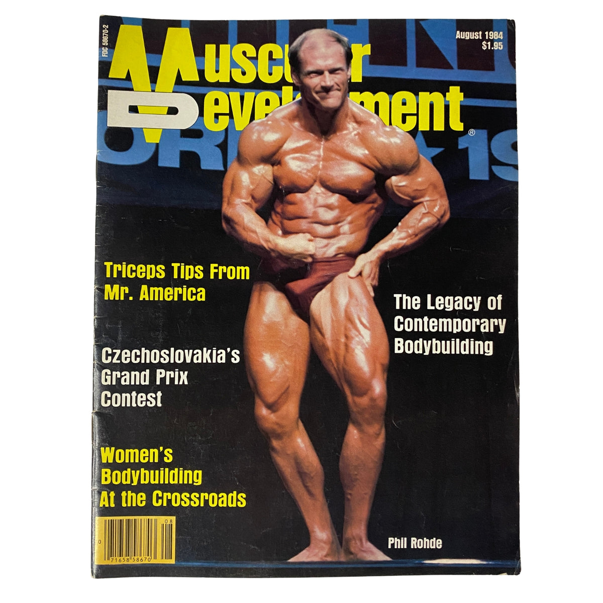 Muscular Development Magazine August 1984 featuring Phil Rohde on the cover, showcasing his impressive physique and bodybuilding expertise with a focus on Triceps tips and women's bodybuilding.