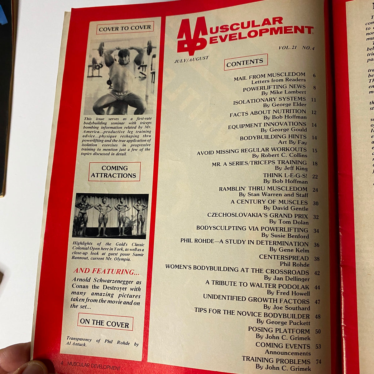 Table of contents from Muscular Development Magazine, July/August 1984 edition, highlighting featured articles including tips from Mr. America, bodybuilding innovations, and a tribute to Walter Podolak.