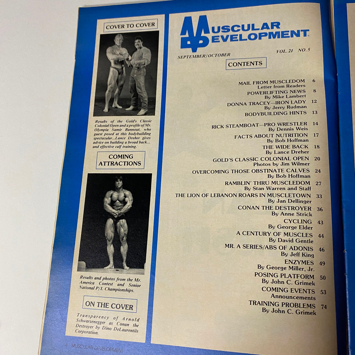 Inside page of Muscular Development Magazine October 1984 displaying the table of contents, outlining features including letters from readers, powerlifting news, and insights on bodybuilding.