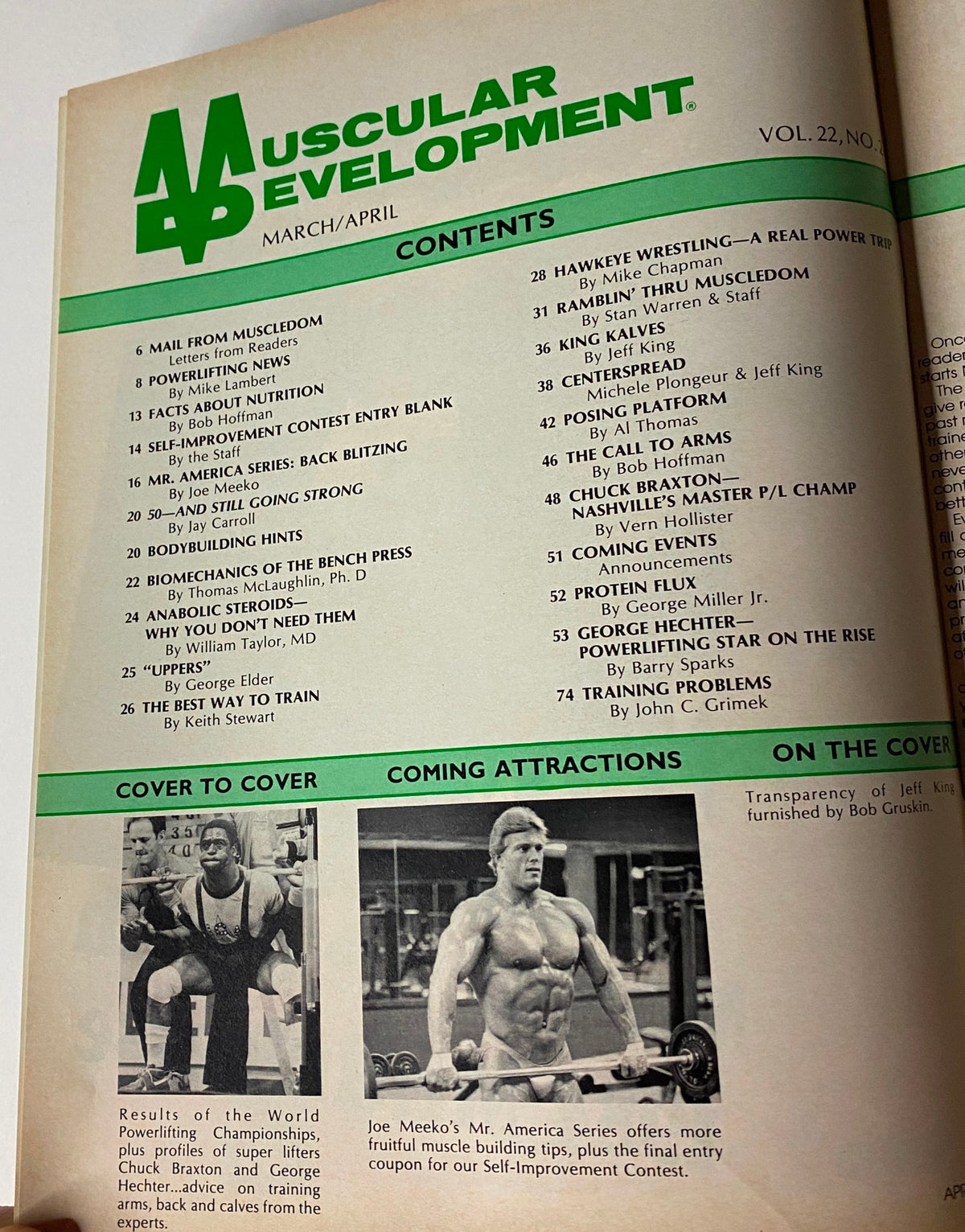 Table of contents from Muscular Development Magazine April 1985, highlighting articles on training and bodybuilding insights.