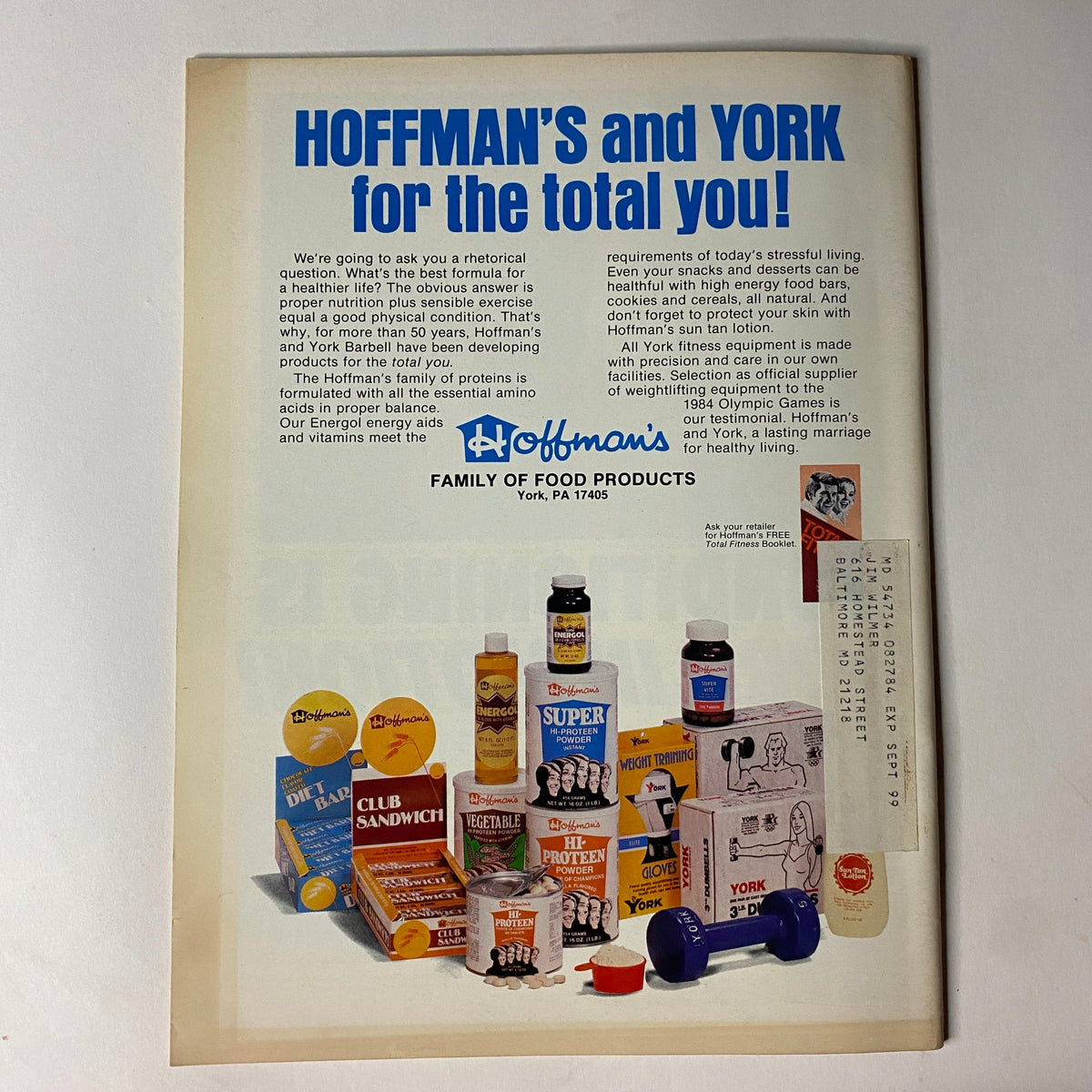 Advertisement page from Muscular Development Magazine April 1985 promoting Hoffman’s and York products for health and fitness.