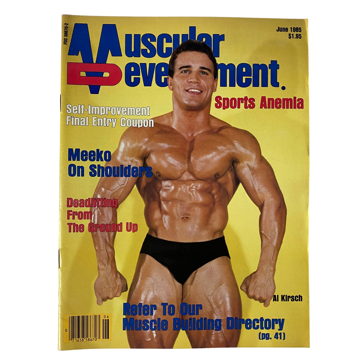 Cover of Muscular Development Magazine June 1985 featuring Al Kirsch, showcasing bodybuilding with a bold headline and vibrant colors.