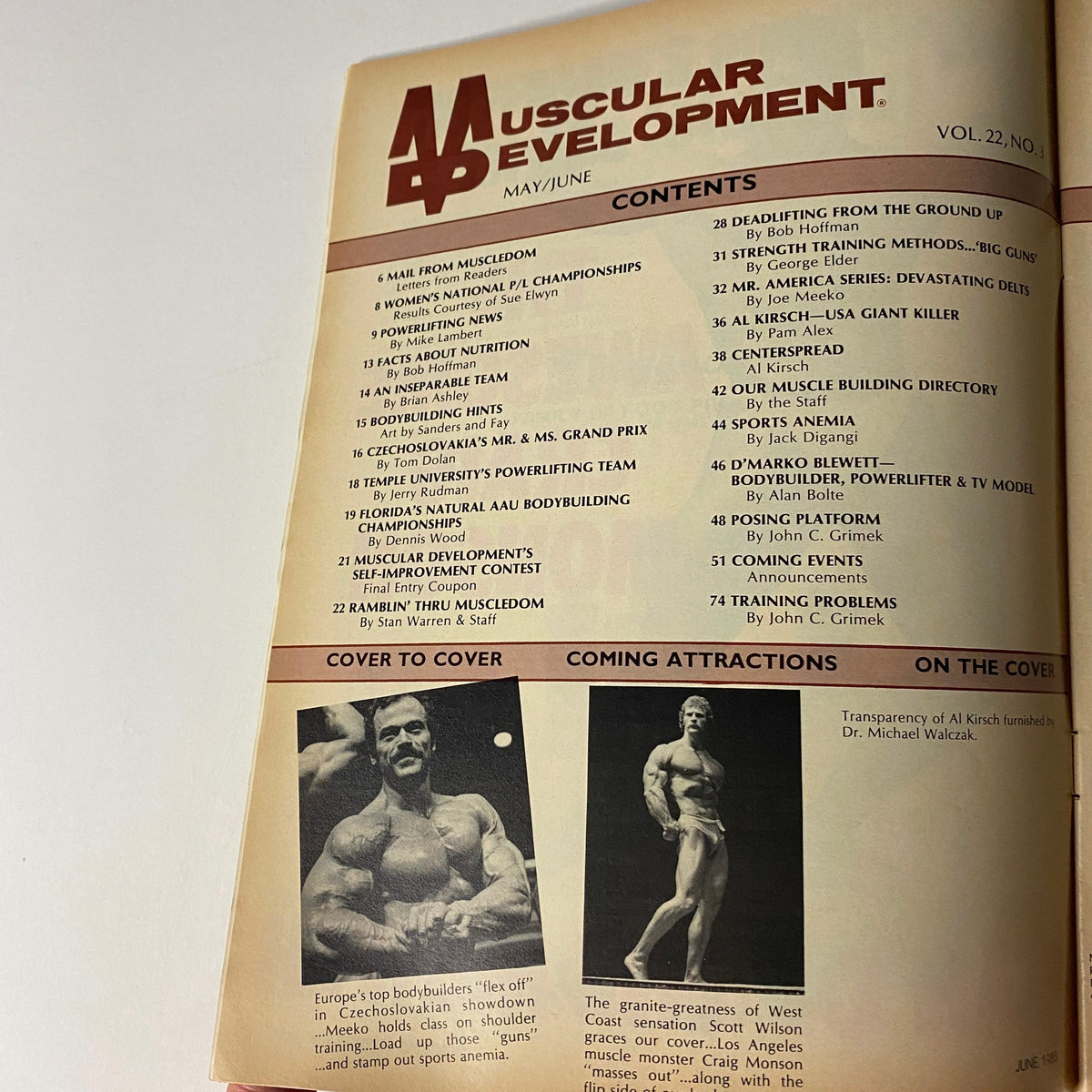 Table of contents from Muscular Development Magazine June 1985, highlighting articles and features including deadlifting techniques and nutritional advice.