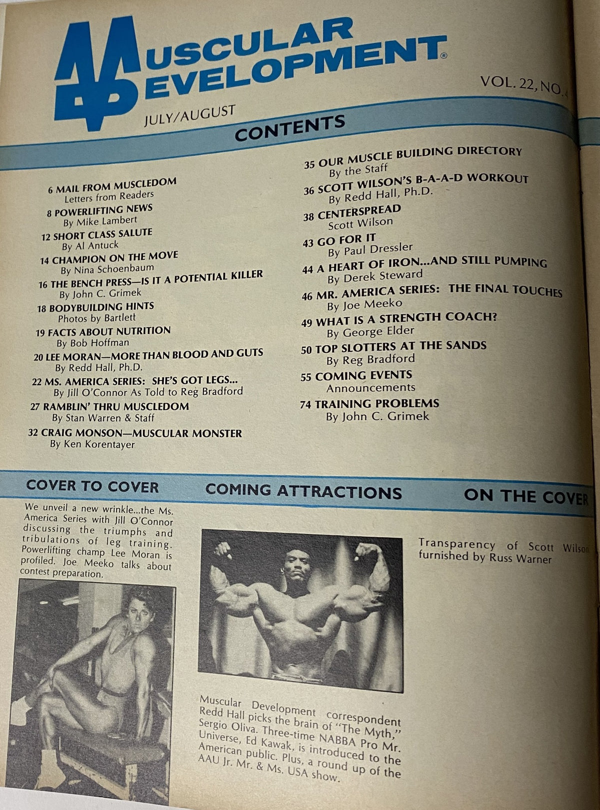 Cover page of Muscular Development Magazine August 1985 featuring the table of contents, highlighting various articles including Scott Wilson and training tips.